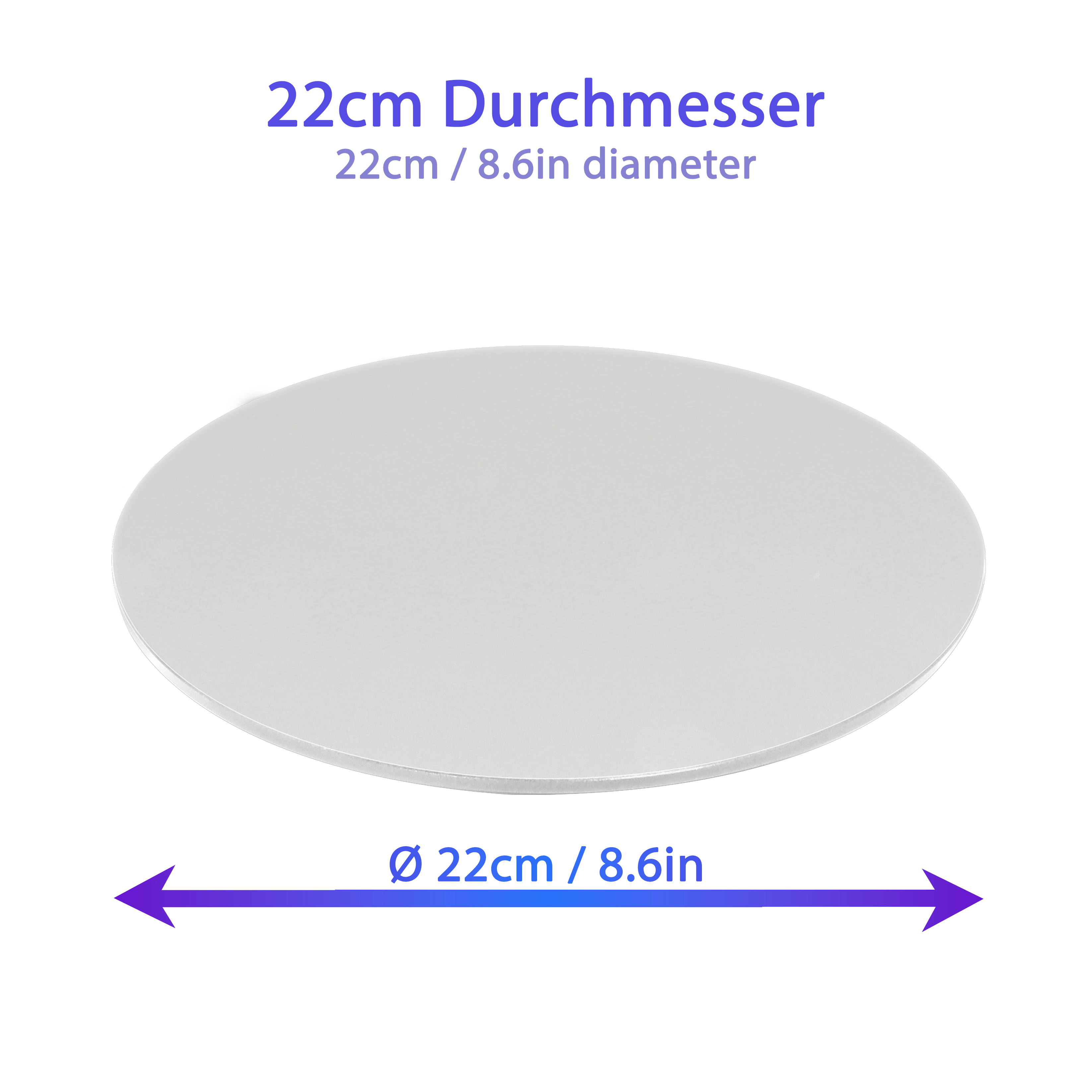 Eine silberne runde Platte mit einem Durchmesser von 22 cm (8,6 Zoll). Ein violetter Pfeil zeigt den Durchmesser.