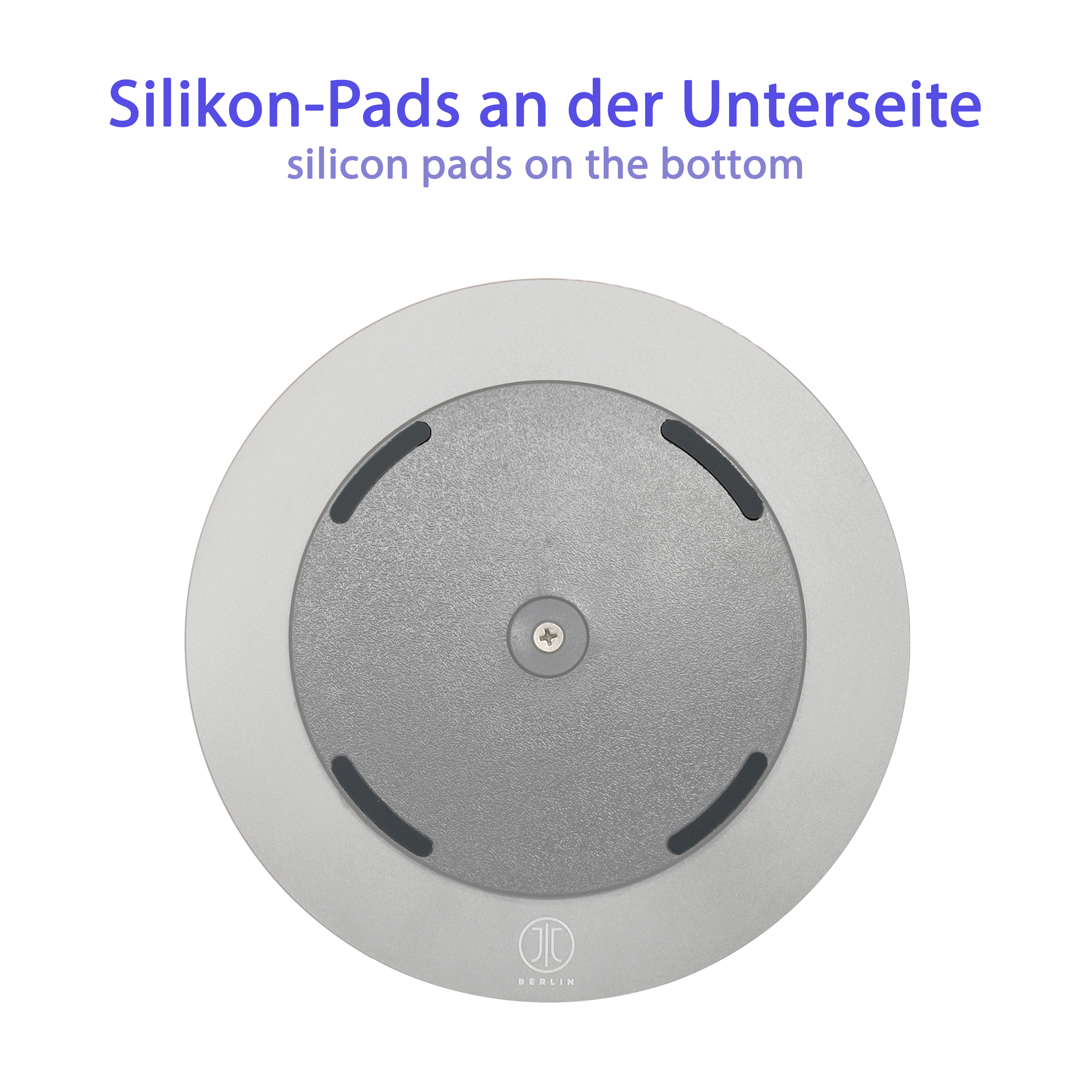 Silberner Metallsockel mit schwarzen Pads. Text auf der Basis lautet BERLIN.