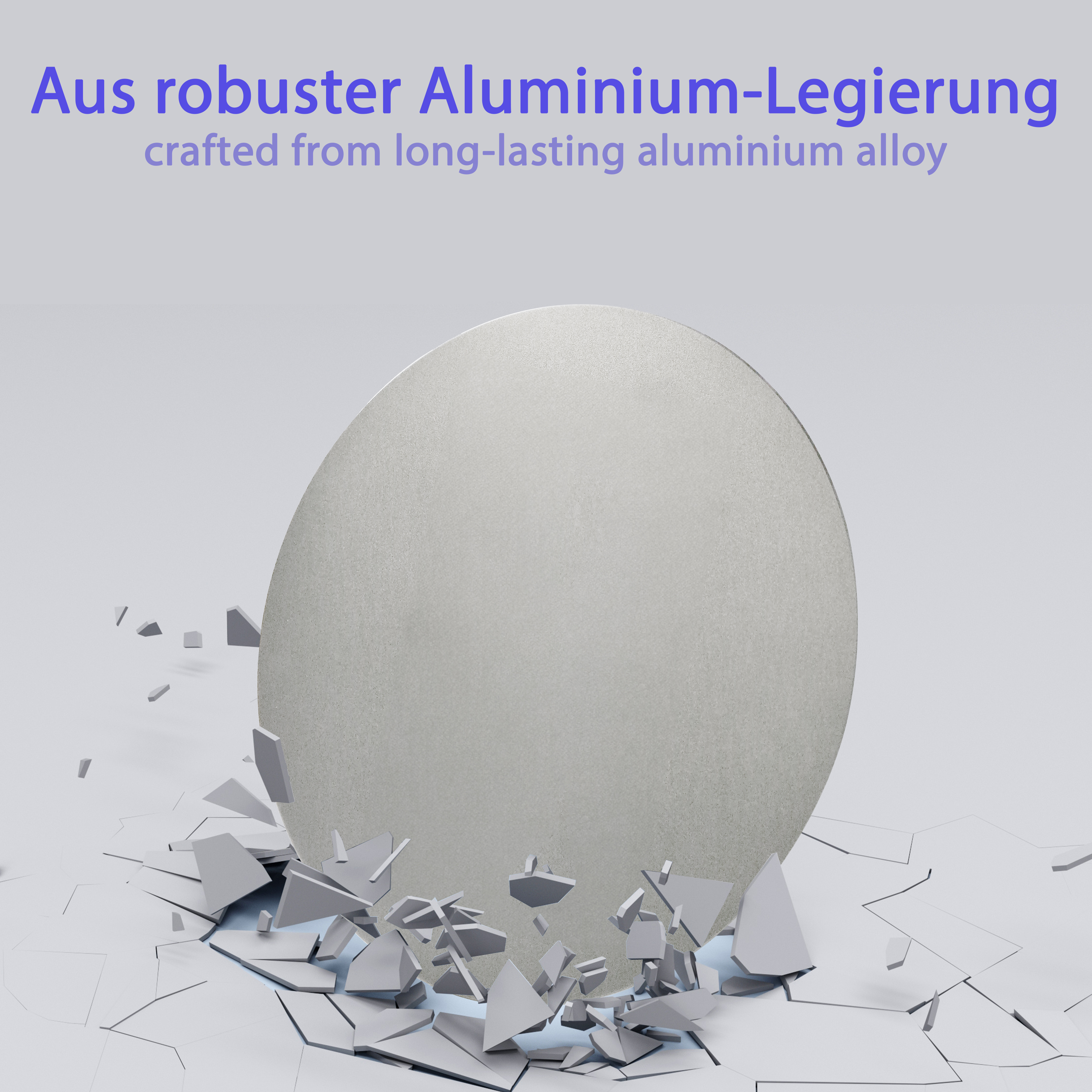 Ein silbernes Objekt zersplittert auf einer Oberfläche, mit Fragmenten und Text, der angibt, dass das Objekt aus Legierung besteht.