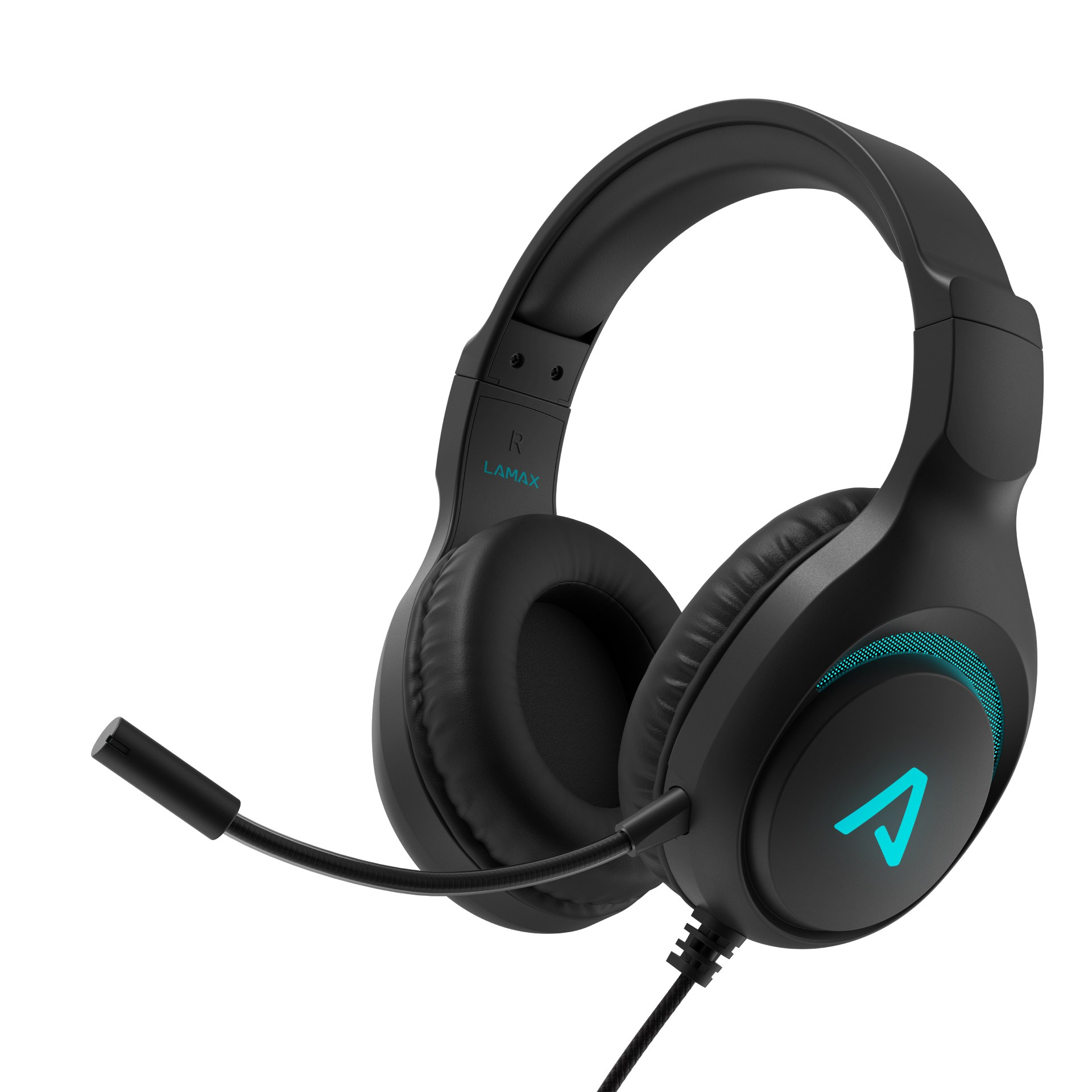 Schwarzes Gaming-Headset mit Mikrofon. Die Ohrmuscheln haben ein blau leuchtendes Logo.