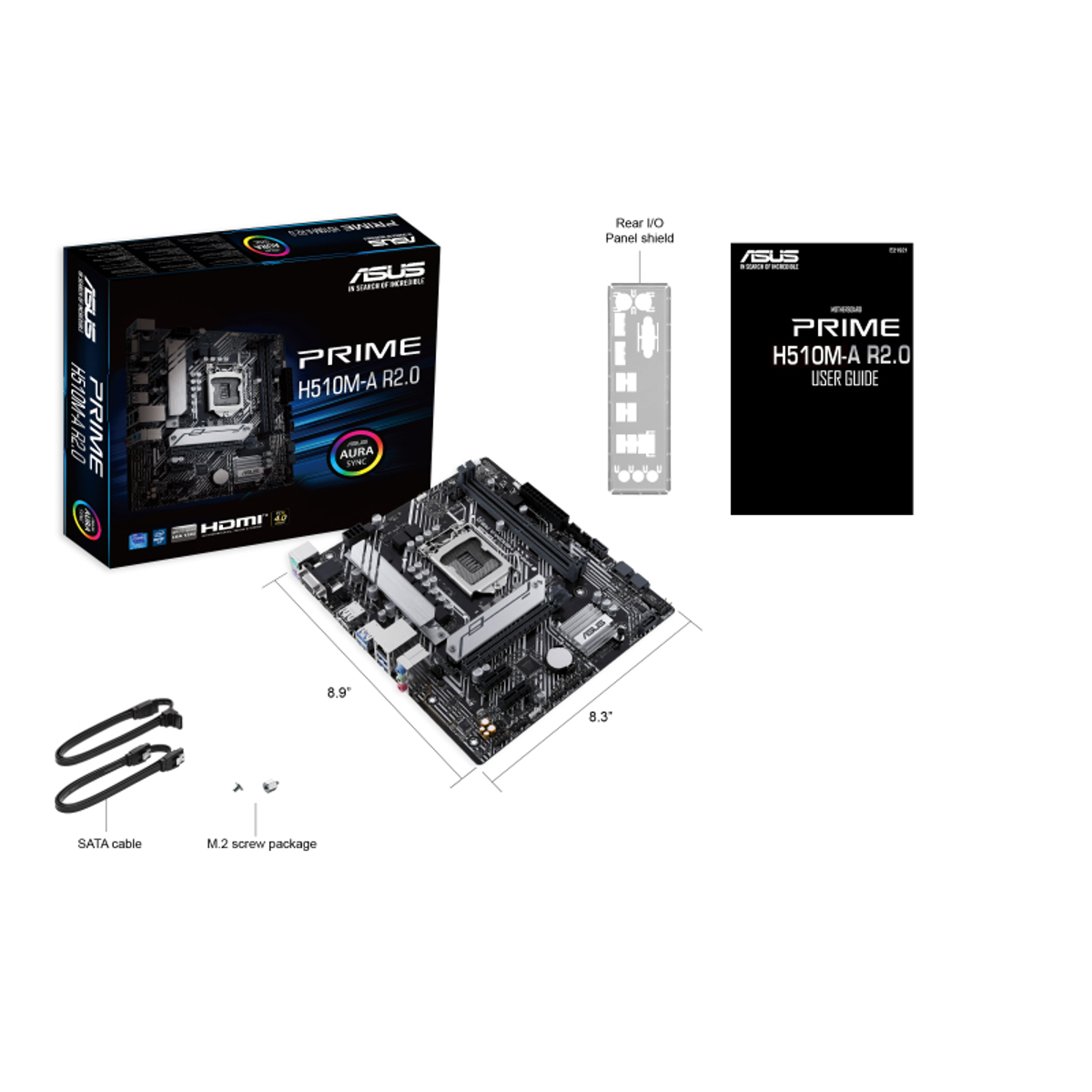 Scheda madre ASUS PRIME H510M-A R2.0 con scatola, pannello I/O posteriore e guida utente su sfondo bianco.