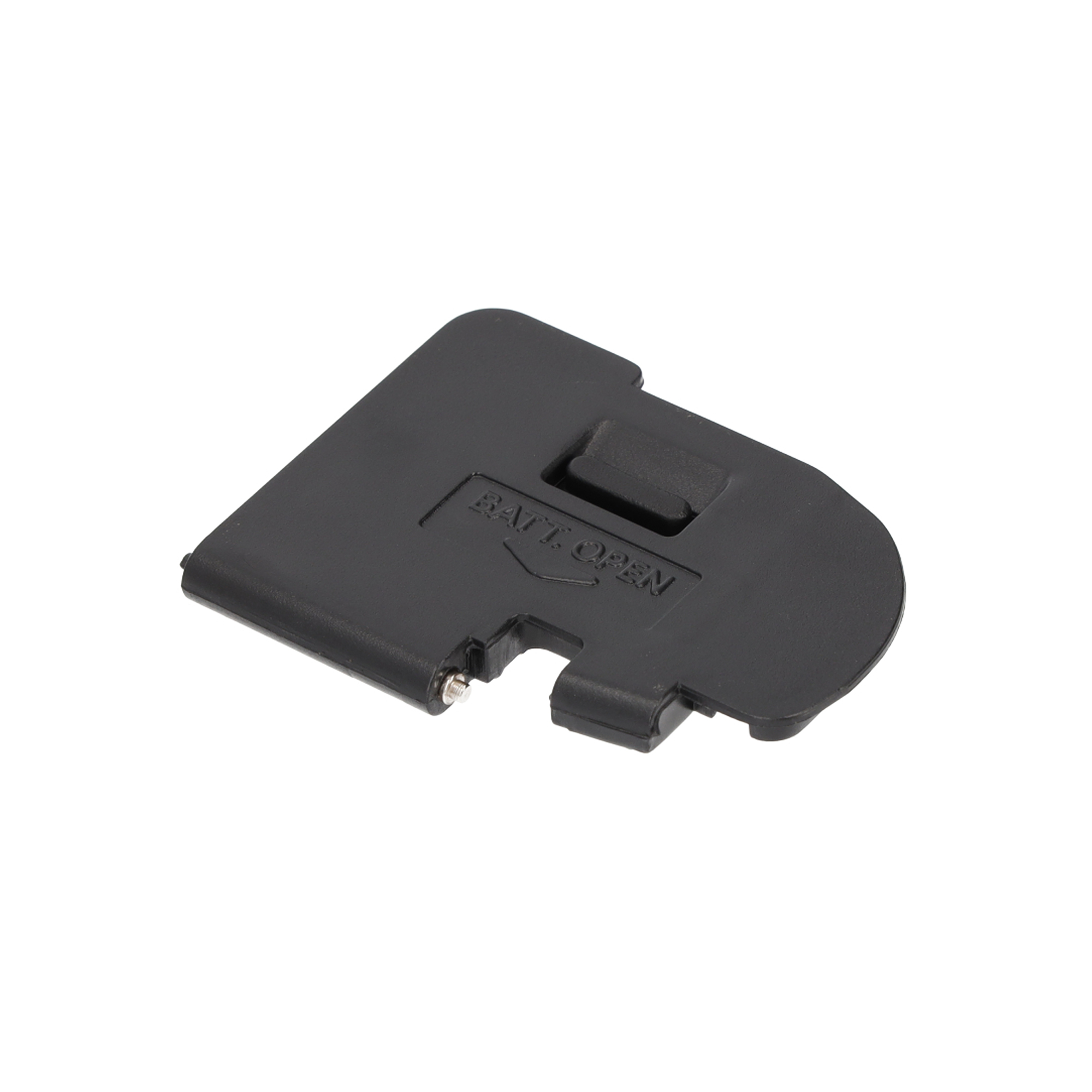Schwarze Batterieabdeckung mit Text 'BATT. OPEN'. Es ist eine Komponente eines Kamera oder elektronischen Geräts.