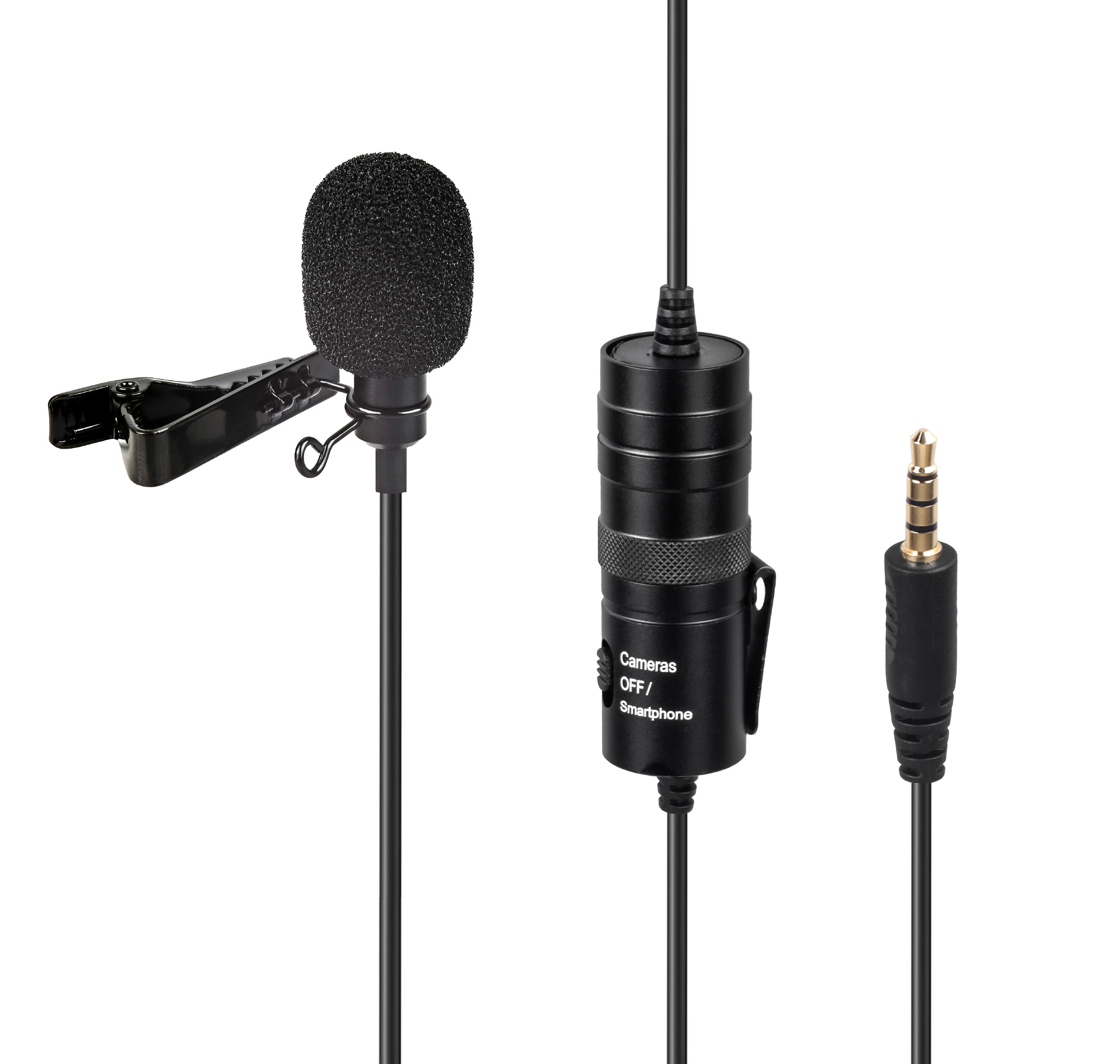Ein schwarzes Ansteckmikrofon mit Kabel und 3,5-mm-Klinke. Das Mikrofon hat einen Schaumstoffbezug.