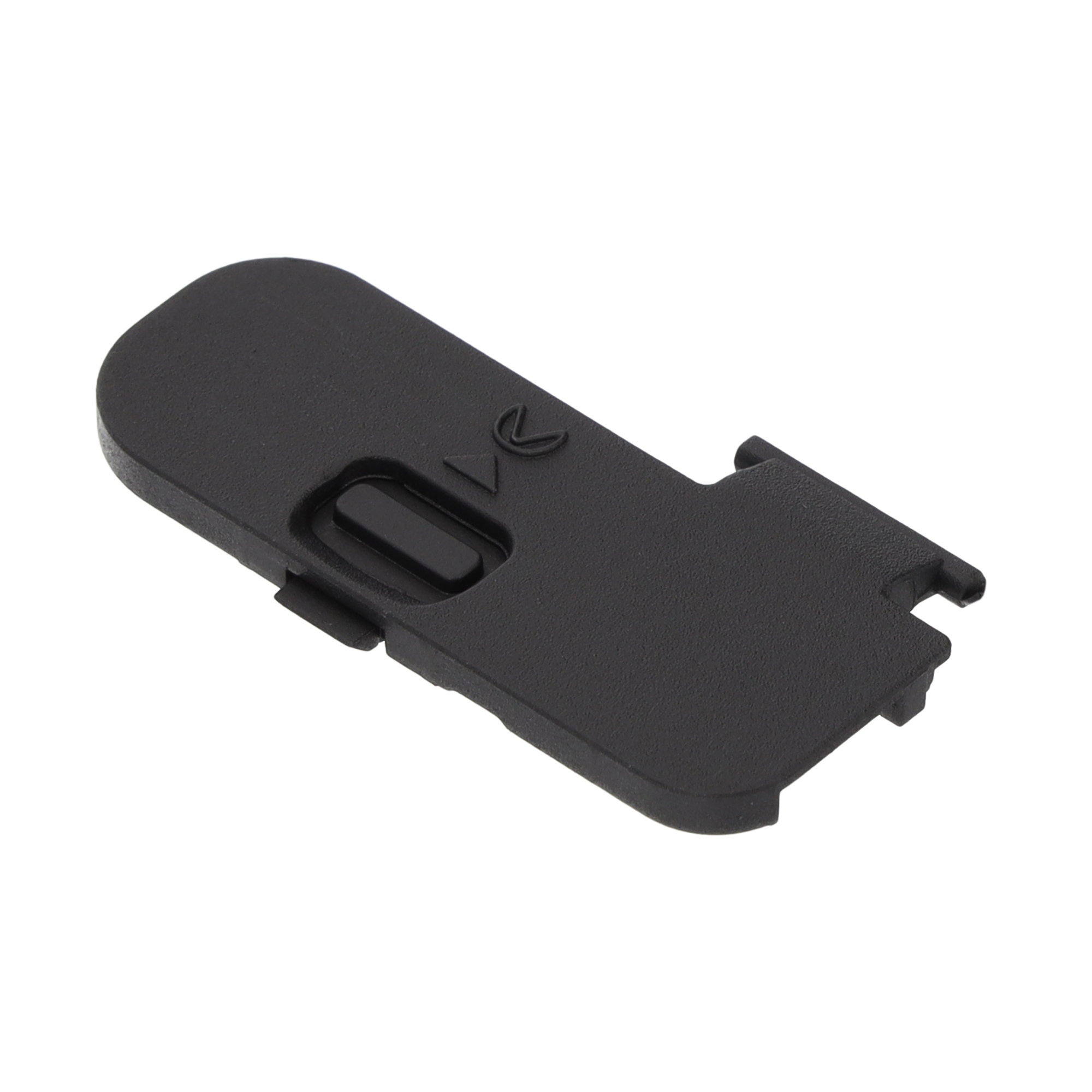 Schwarze Kamera-Batterietür mit kleinem Riegel und erhabener Fläche auf weißem Hintergrund.