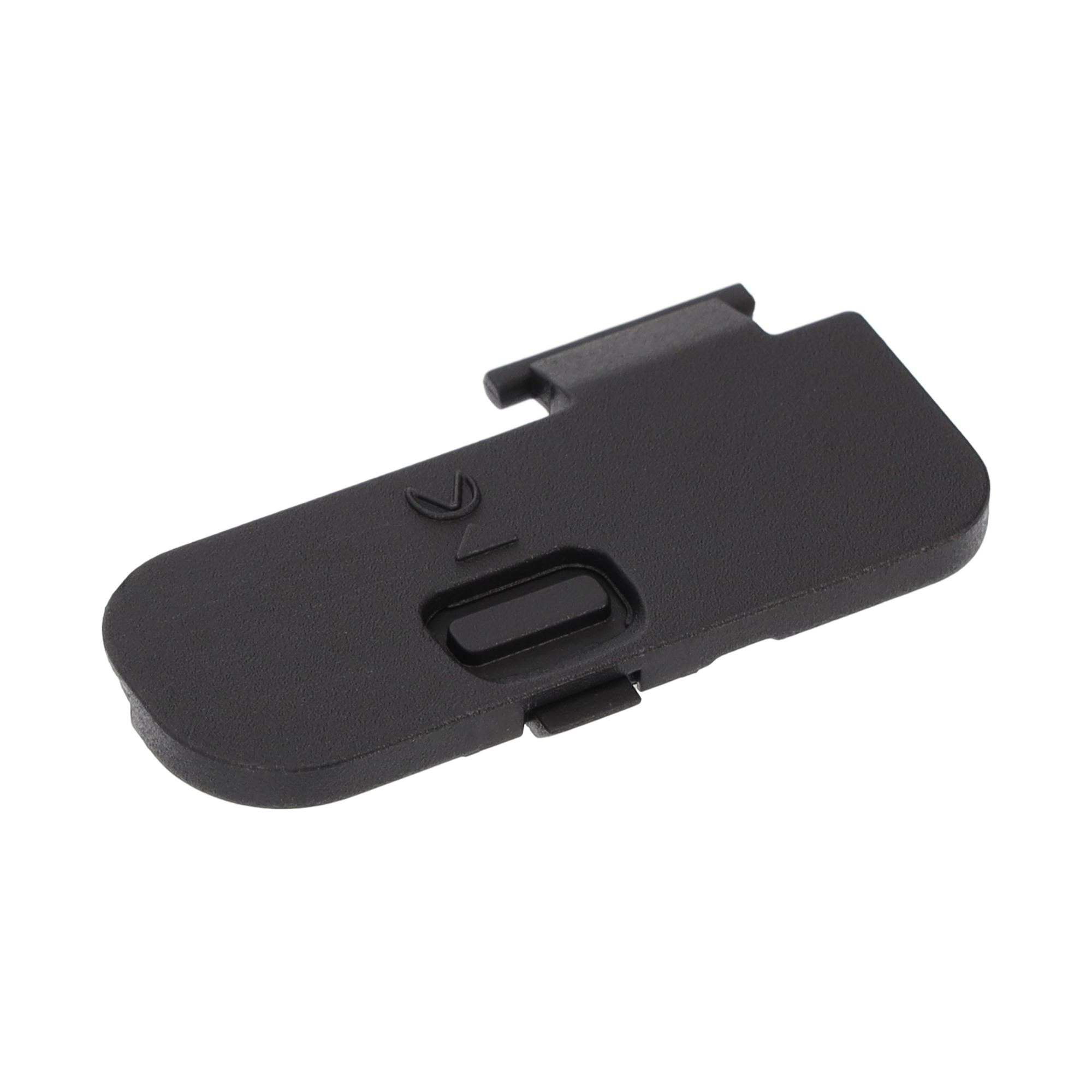 Schwarze Batterietür der Kamera. Sie hat eine kleine Öffnung und einen Riegel.