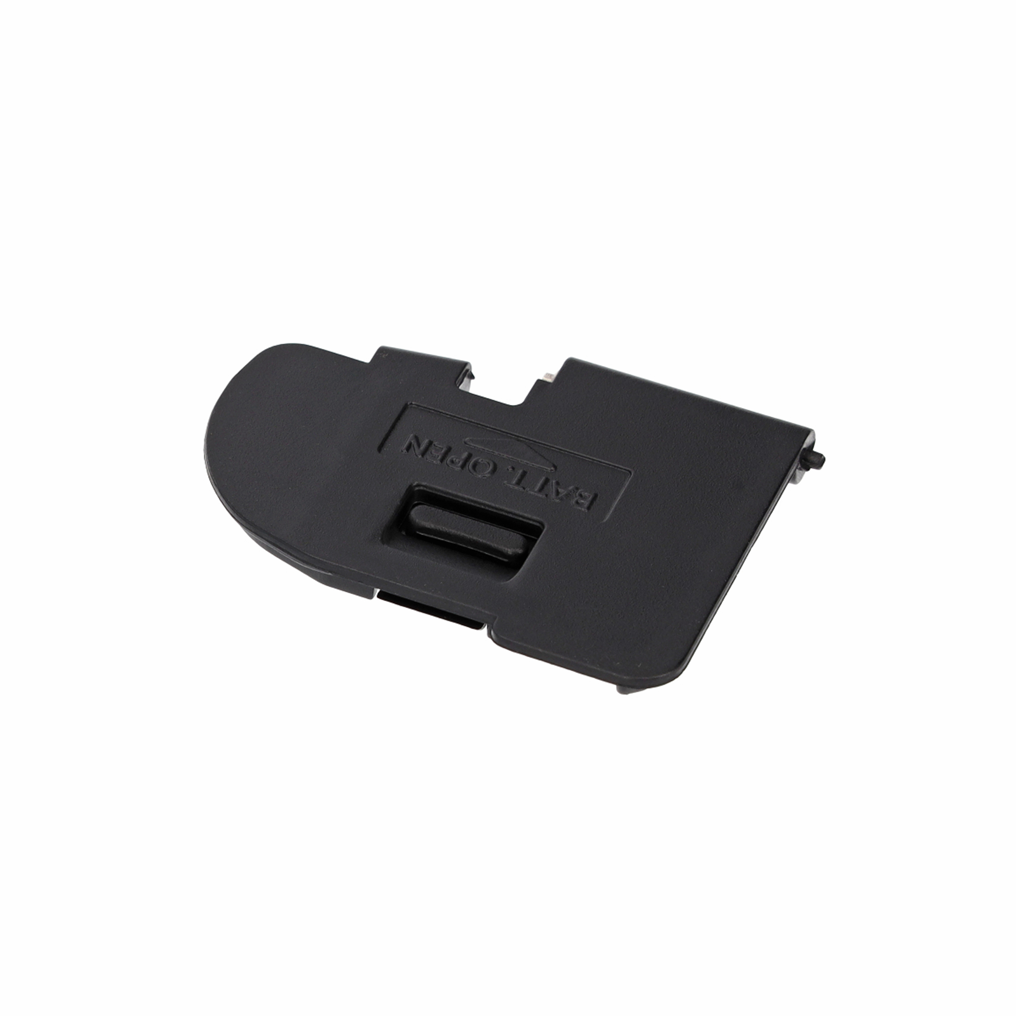Schwarze Kamera-Batterieklappe, beschriftet mit BATT. ÖFFNEN.