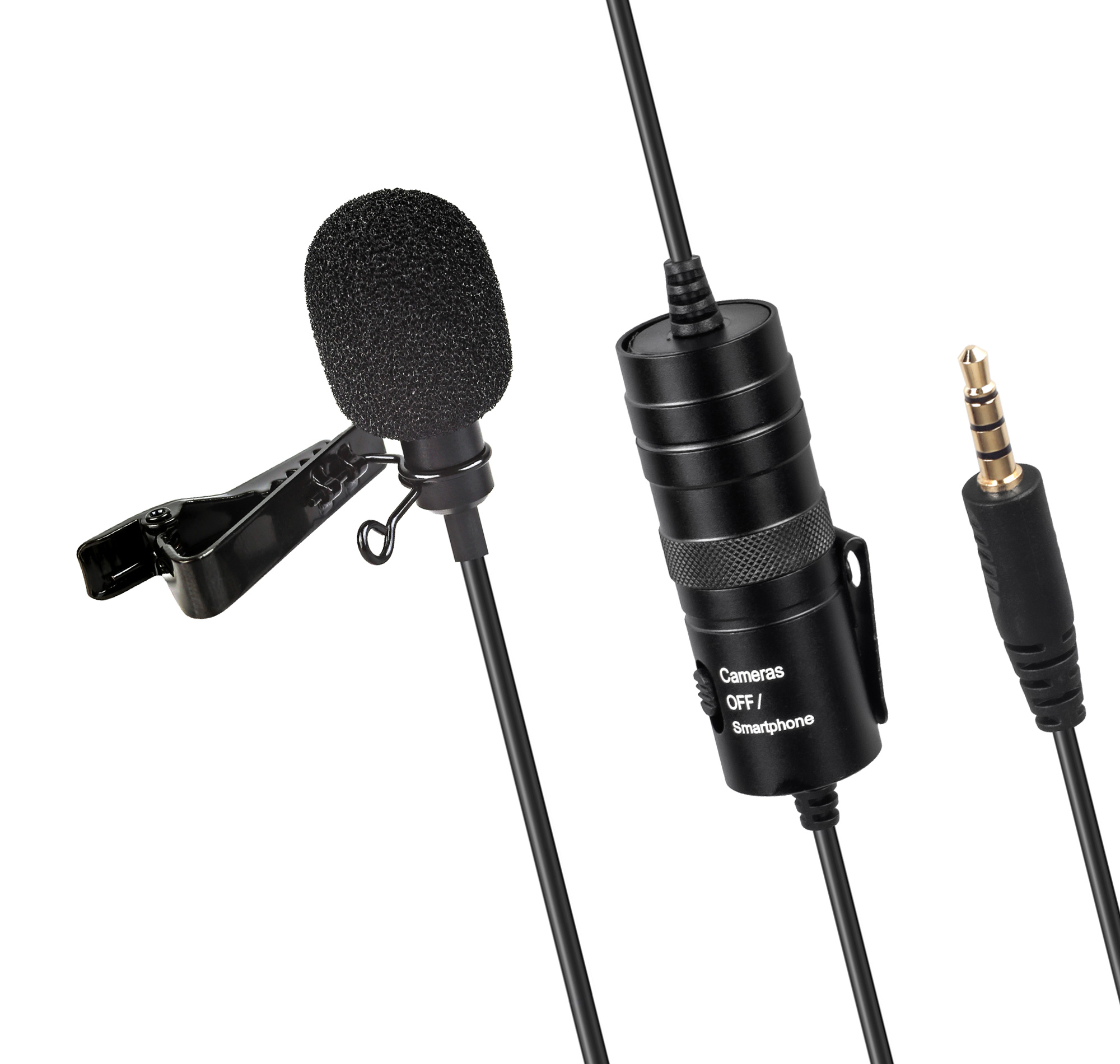 Lavalier-Mikrofon-Setup mit Mikrofon, Clip und Stecker.
