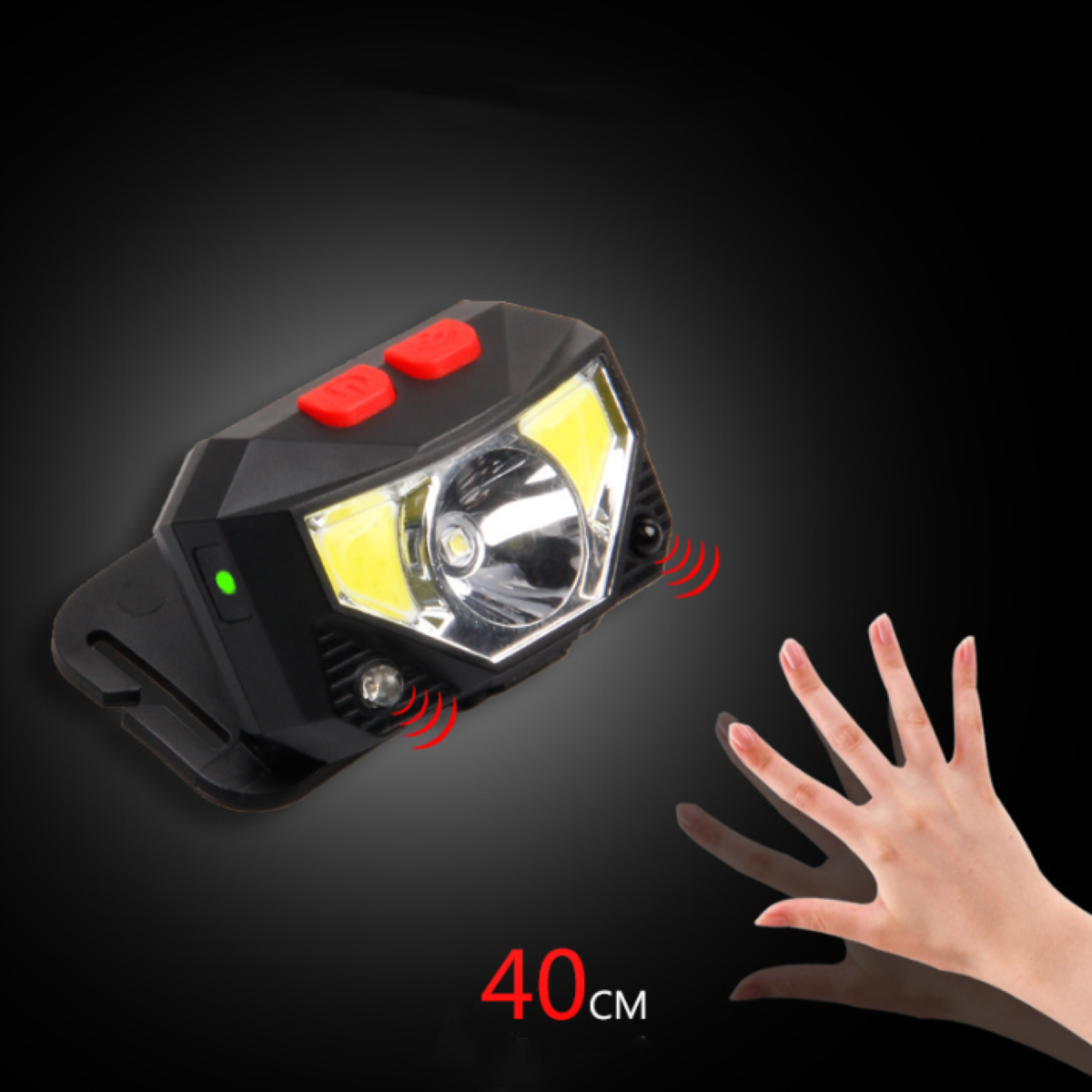 Stirnlampe mit roten Knöpfen und Licht. Hand greift nach der Stirnlampe.