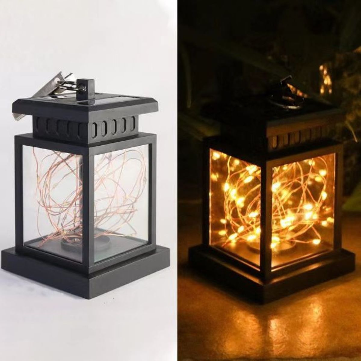 Zwei solarbetriebene Laternen, eine beleuchtet, mit quadratischem Design und warmfarbigen Lichterketten.