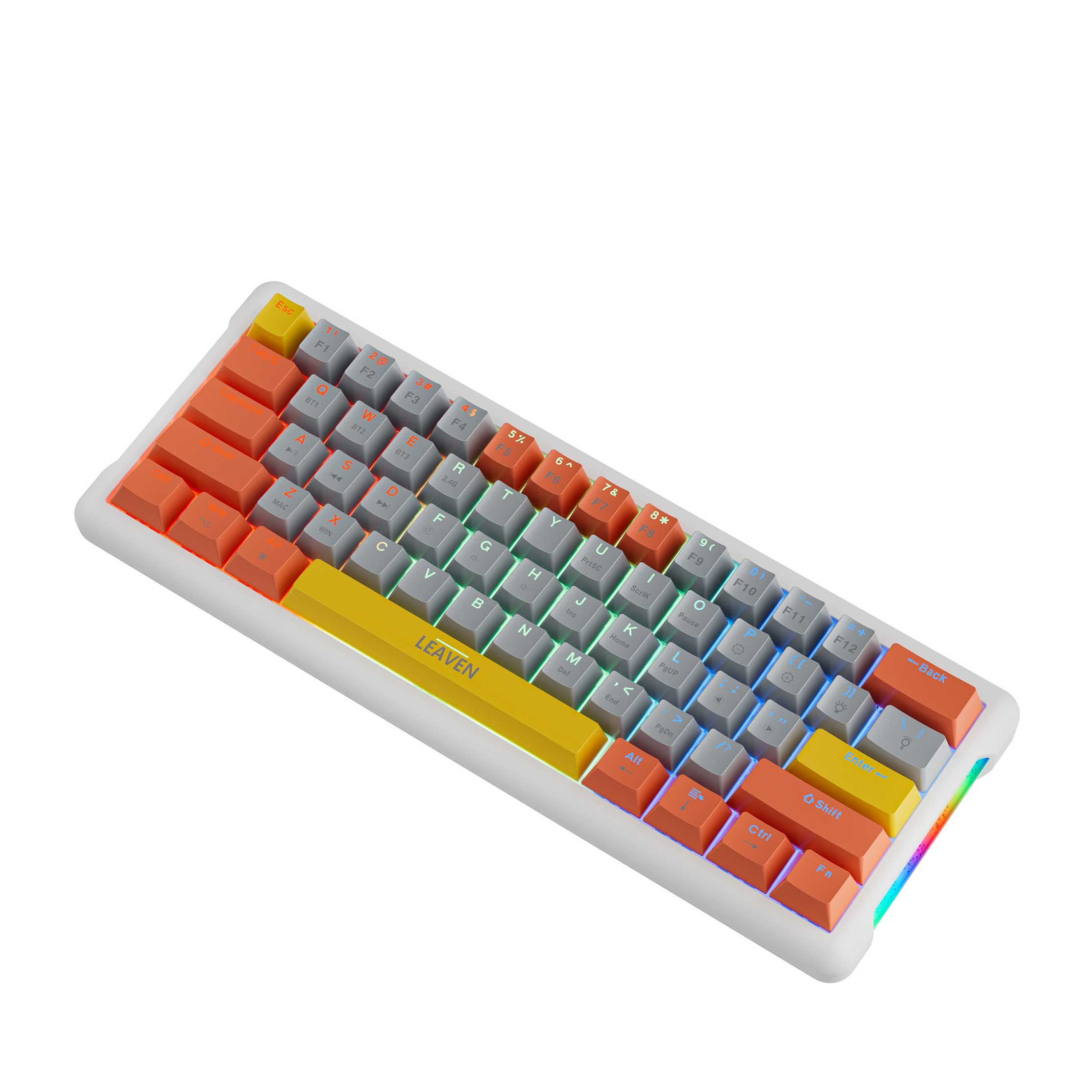 Kolorowa klawiatura z pomarańczowymi, żółtymi, szarymi i niebieskimi klawiszami na białej ramie.