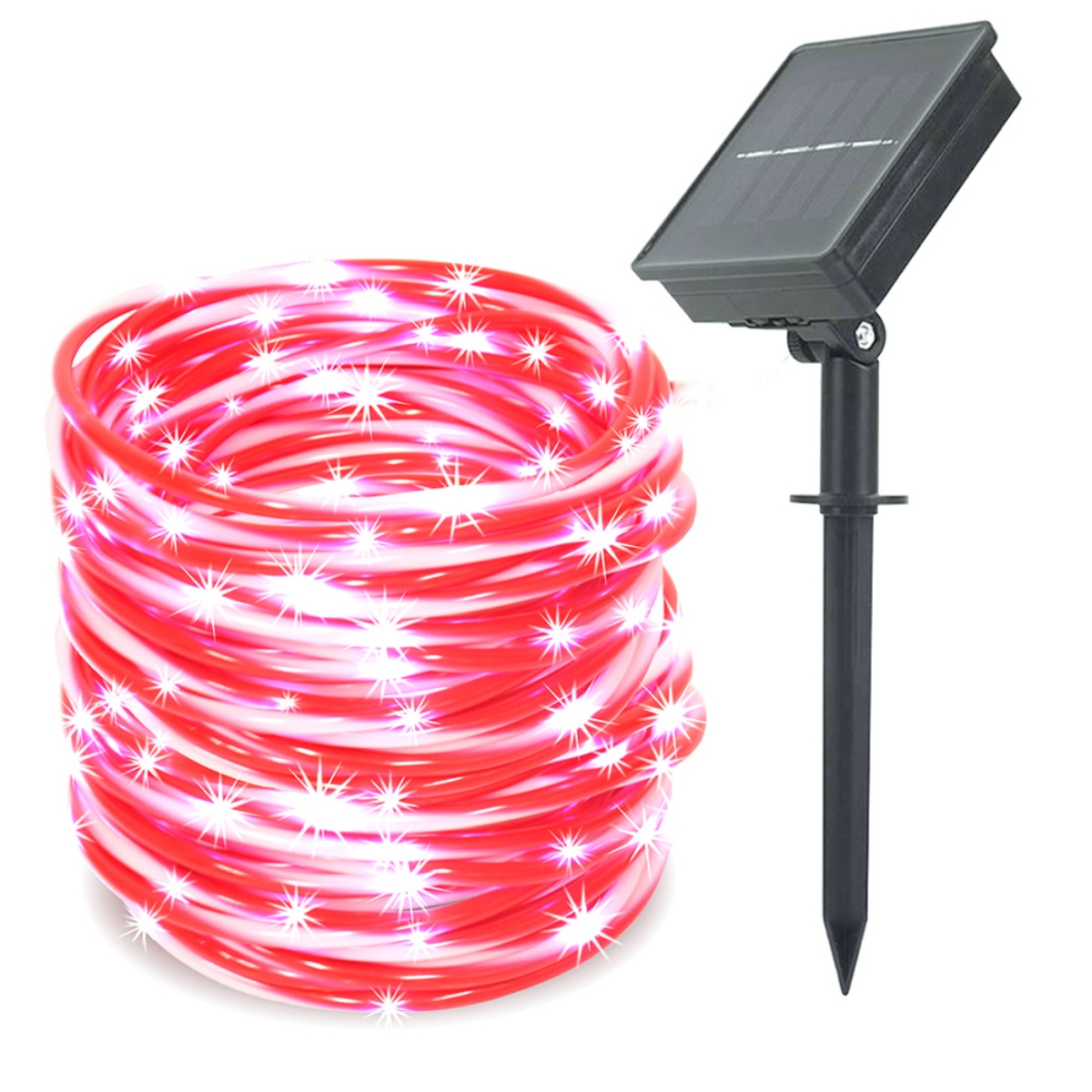 Ein aufgerollter rot-weißer LED-Lichtstreifen und ein Solarpanel mit Erdspieß, für den Außenbereich.