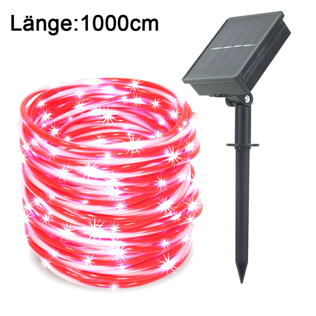 Solarbetriebene Lichterkette, aufgerollt, mit roter, leuchtender Schnur. Ein Solarpanel rechts.