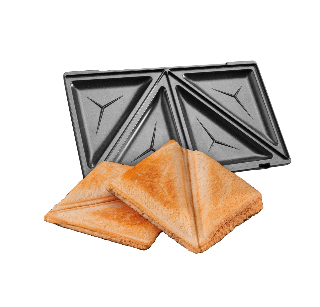 Sandwichmaker mit zwei getoasteten Sandwiches, essfertig.
