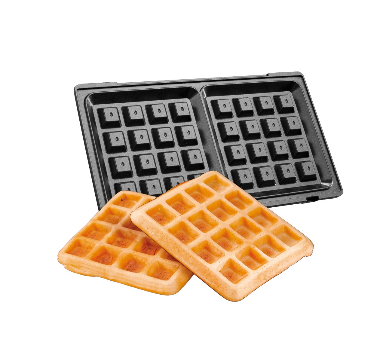 Ein Waffeleisen mit zwei goldenen Waffeln. Das Gerät ist geöffnet und zeigt das Gittermuster.