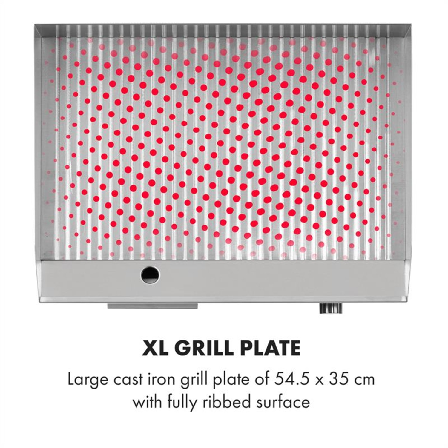 XL Grillplatte mit geriffelter Oberfläche. Rote Punkte sind auf der Platte sichtbar.