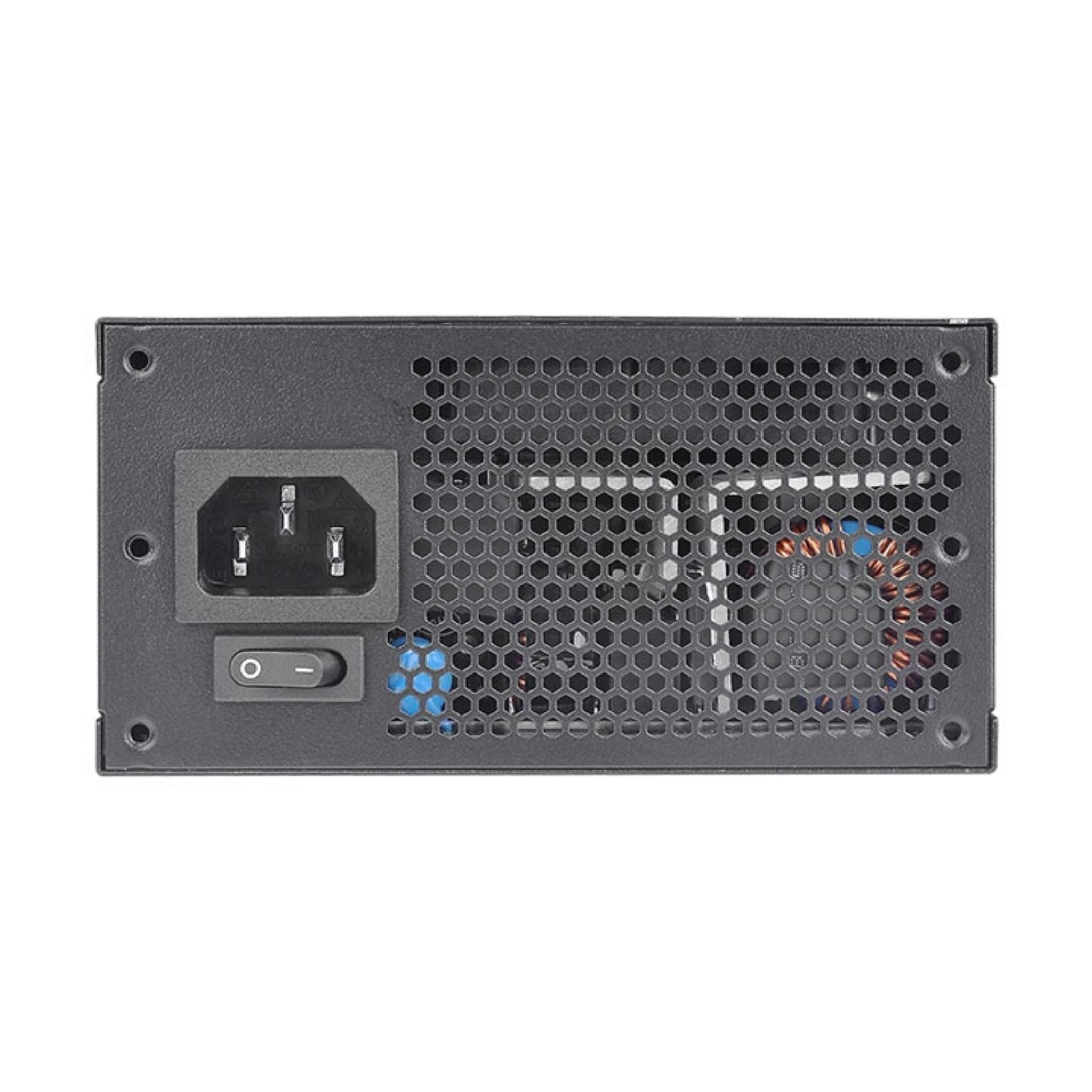 Zasilacz, czarny z wieloma portami, wentylatorem i przełącznikiem zasilania, na białym tle.
