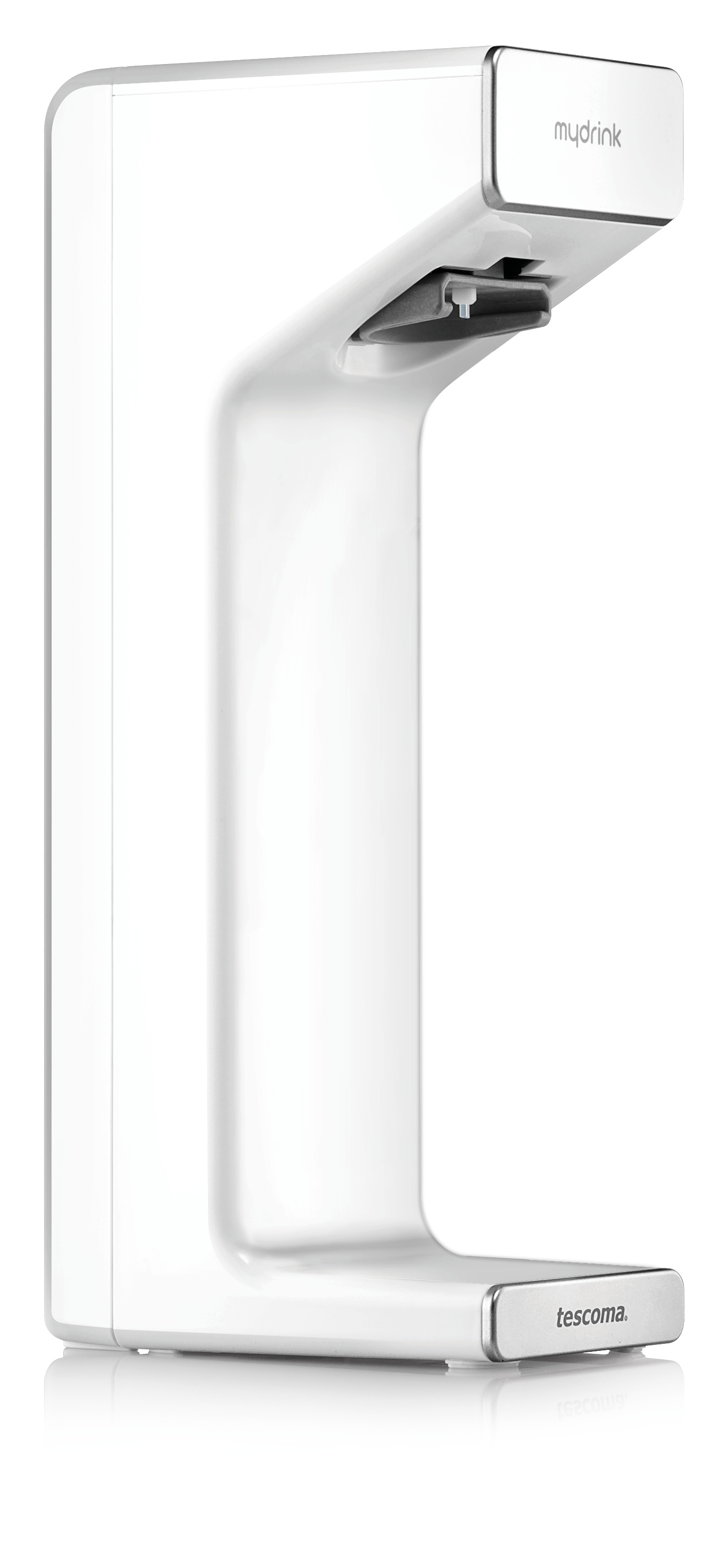 Weißer Wasserspender mit minimalistischem Design, oben mit 'mydrink' und unten mit 'tescoma' beschriftet.