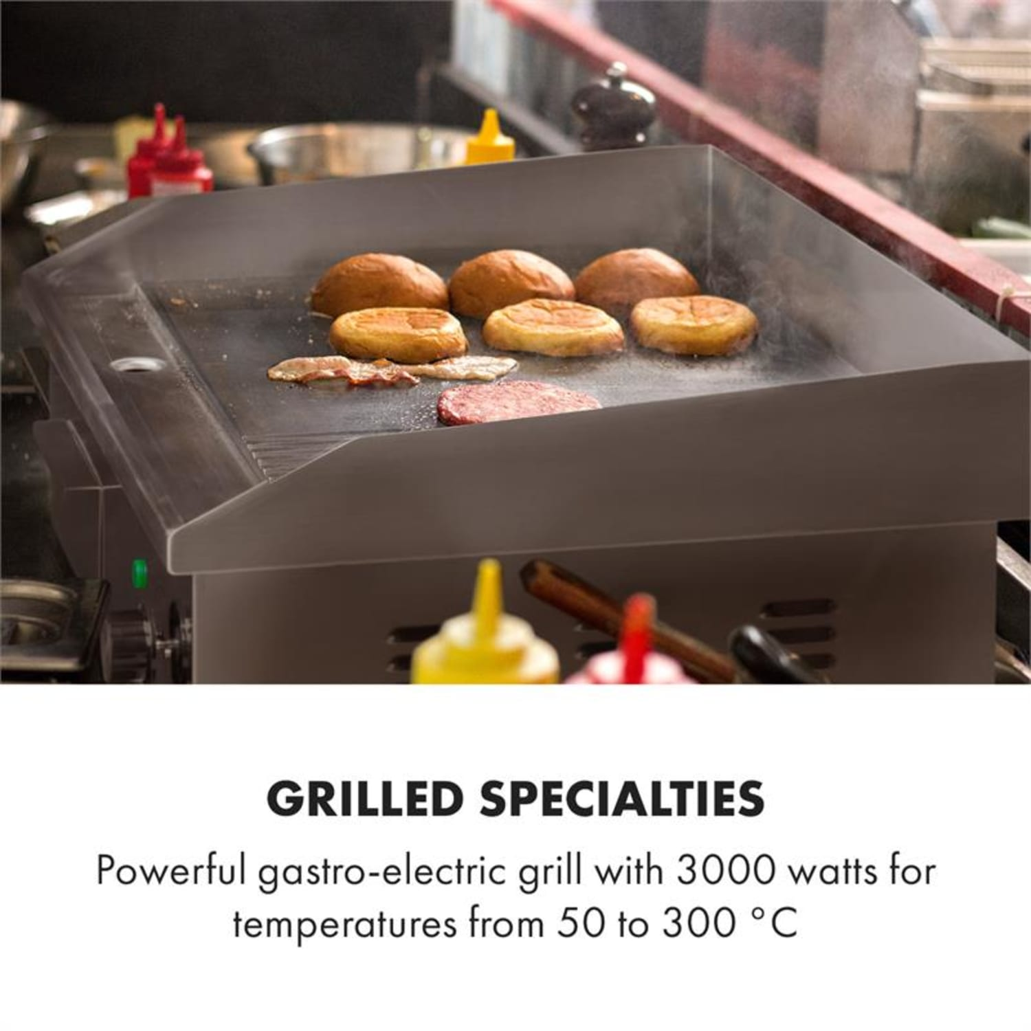 Griglia elettrica commerciale con panini per hamburger, pancetta e polpette. Testo 'Grilled Specialties'.