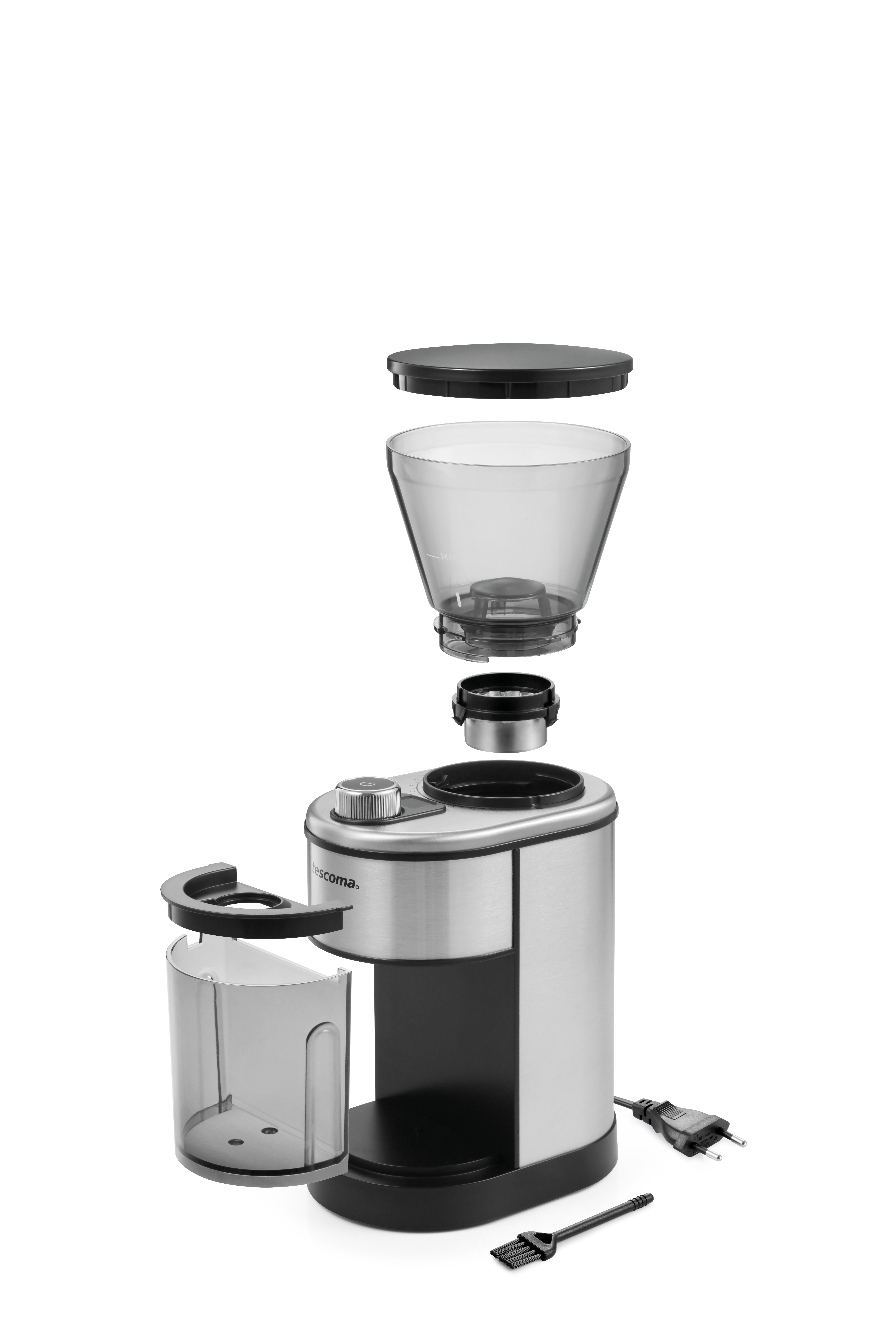 Kaffeemühle zerlegt, mit Teilen gezeigt, auf weißem Hintergrund.