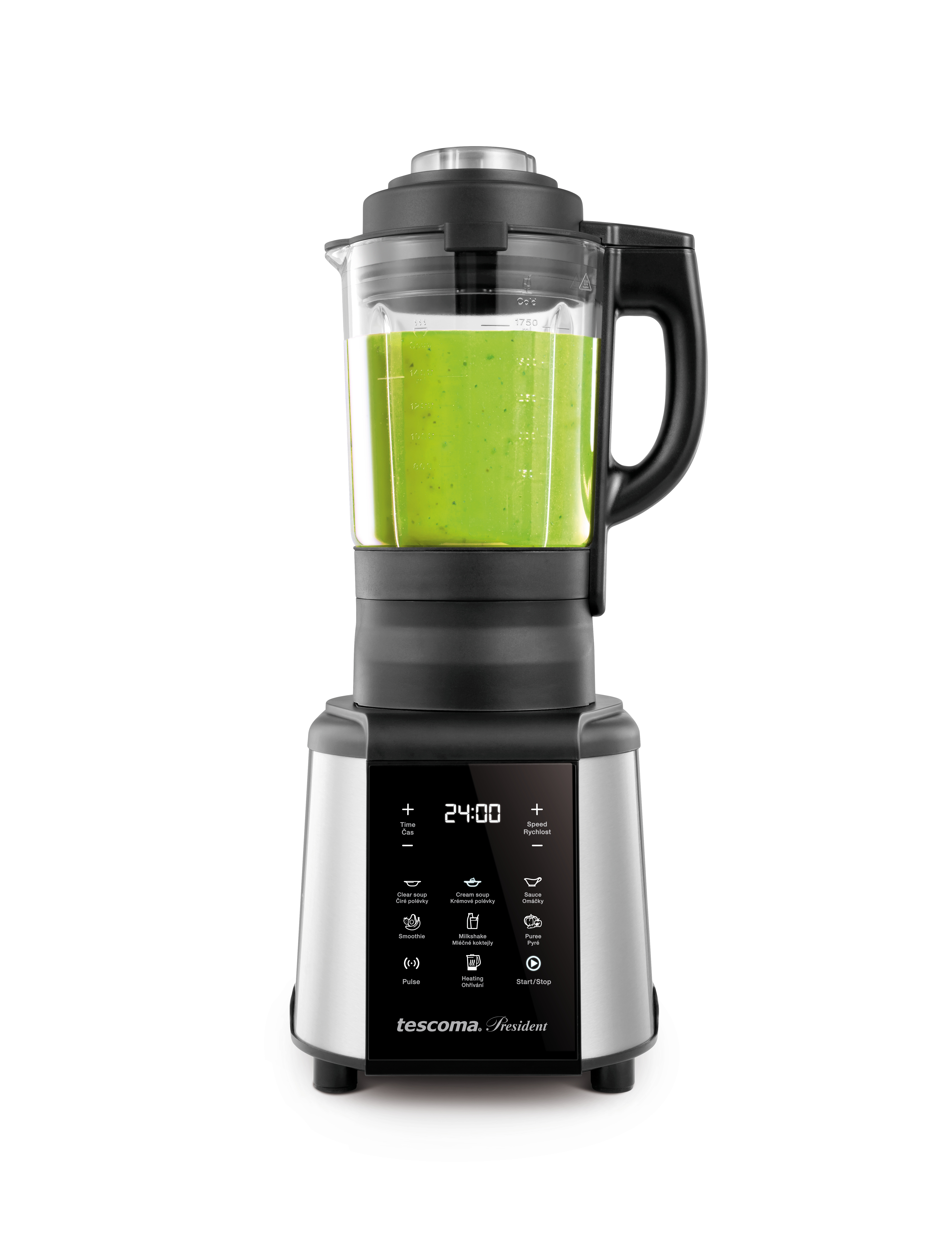 Mixer mit grünem Smoothie. Er hat einen silbernen Sockel mit Bedienfeld und einen durchsichtigen Krug.