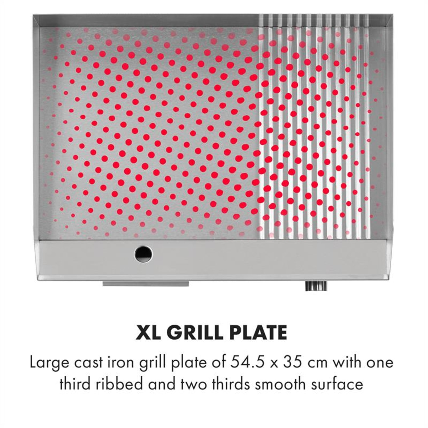 Piastra grill XL, prevalentemente liscia con una sezione a coste. Punti rossi sono visibili sulla superficie.