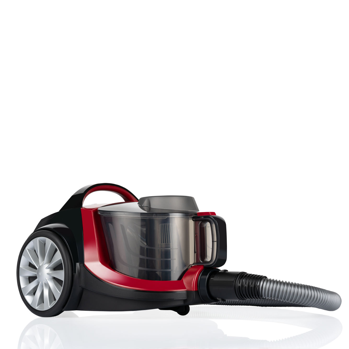 Rot-schwarzer Staubsauger mit transparentem Staubbehälter und schwarzem Schlauch.