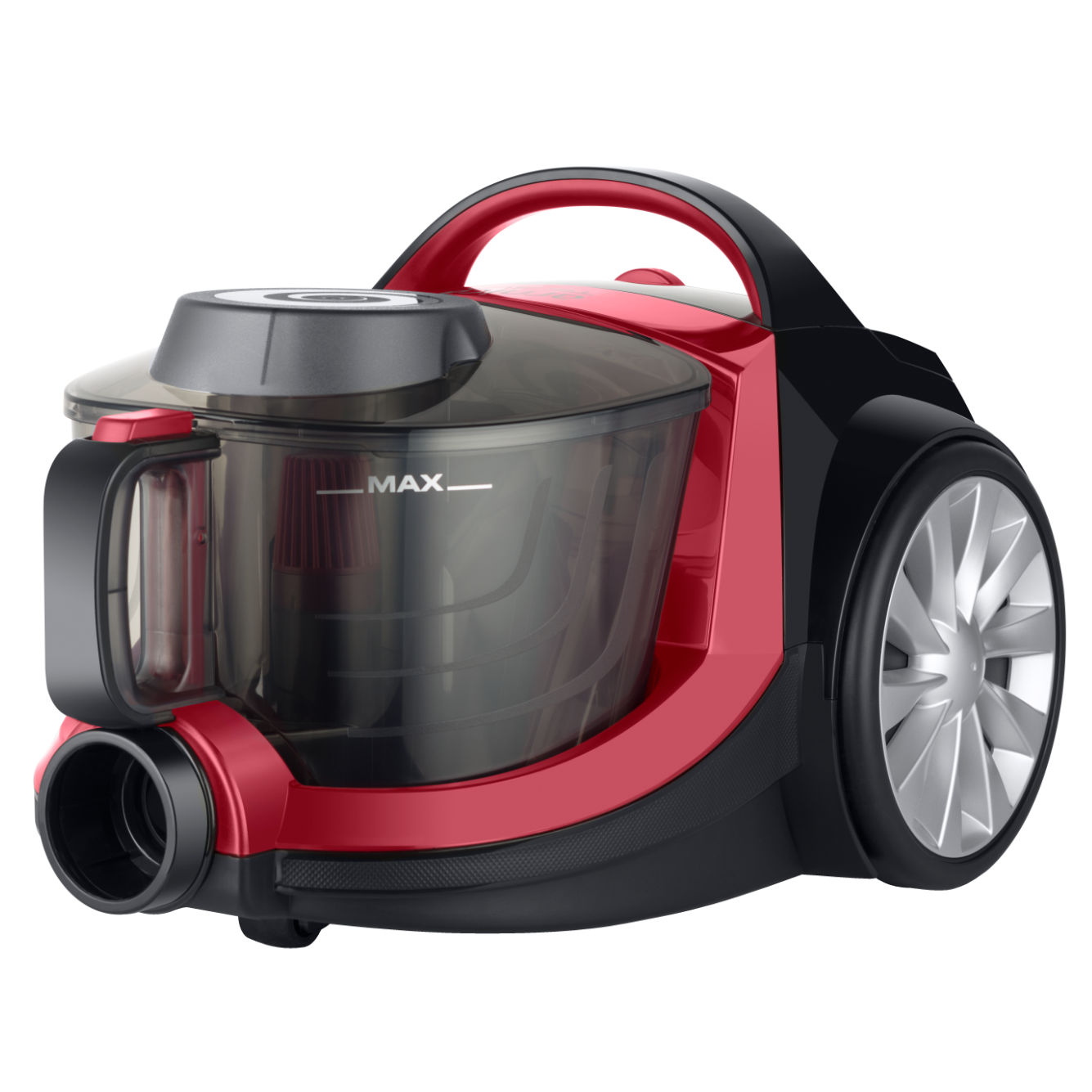 Ein rot-schwarzer Staubsauger mit transparentem Staubbehälter. Das Design umfasst Räder und einen Griff.