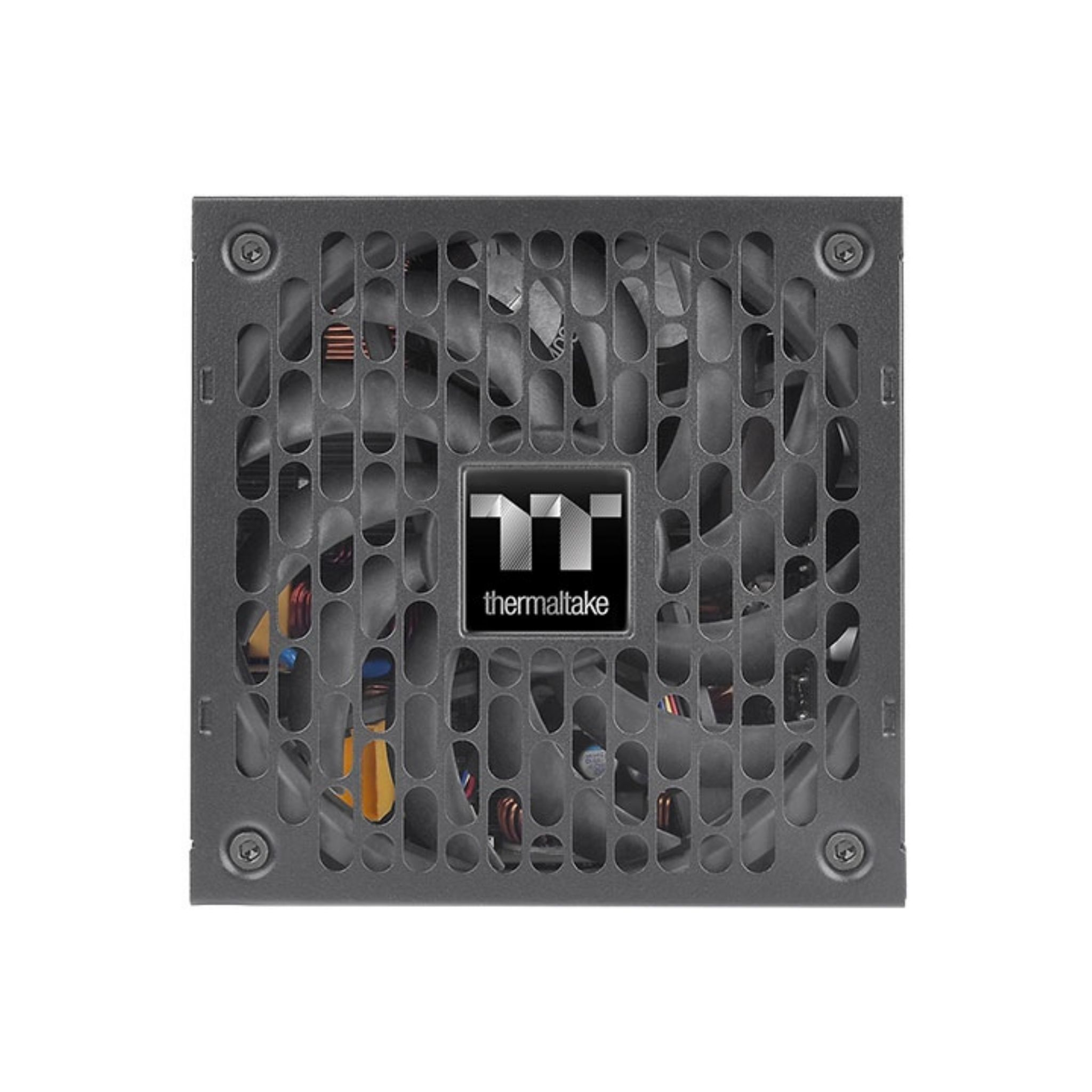 Ein schwarzes Computer-Netzteil mit Lüftergitter. Das Thermaltake-Logo ist in der Mitte sichtbar.