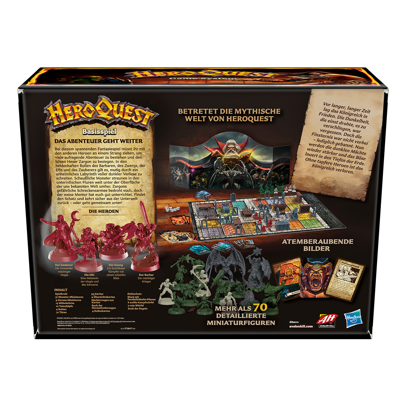 Caja del juego de mesa HeroQuest con ilustraciones y texto detallados. Figuras y tablero visibles.