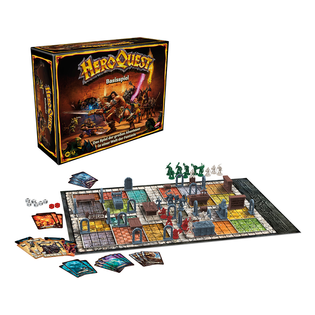 Juego de mesa HeroQuest. Tablero, cartas, miniaturas y caja. Tema de aventura fantástica.