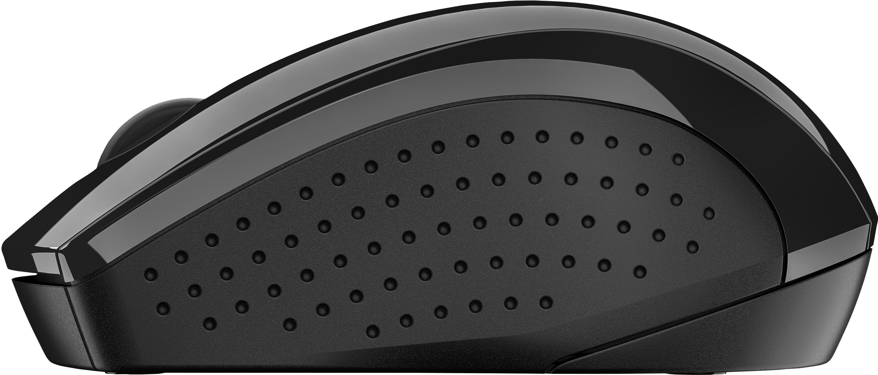 A black wireless mouse with a glossy finish.