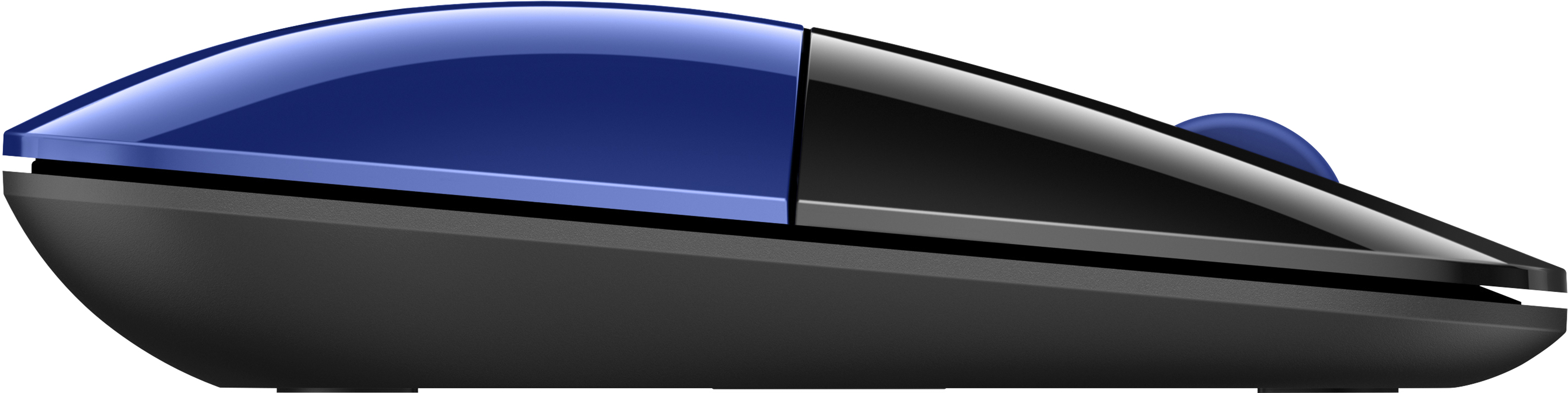 Niebieska i czarna mysz komputerowa. Ma błyszczącą niebieską górę. Czarne tło.