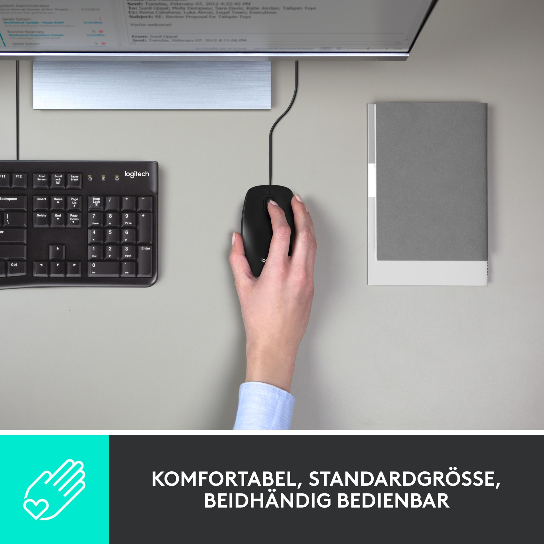 Ręka używająca czarnej myszy i klawiatury. Tekst: Wygodny, standardowy rozmiar, oburęczny.
