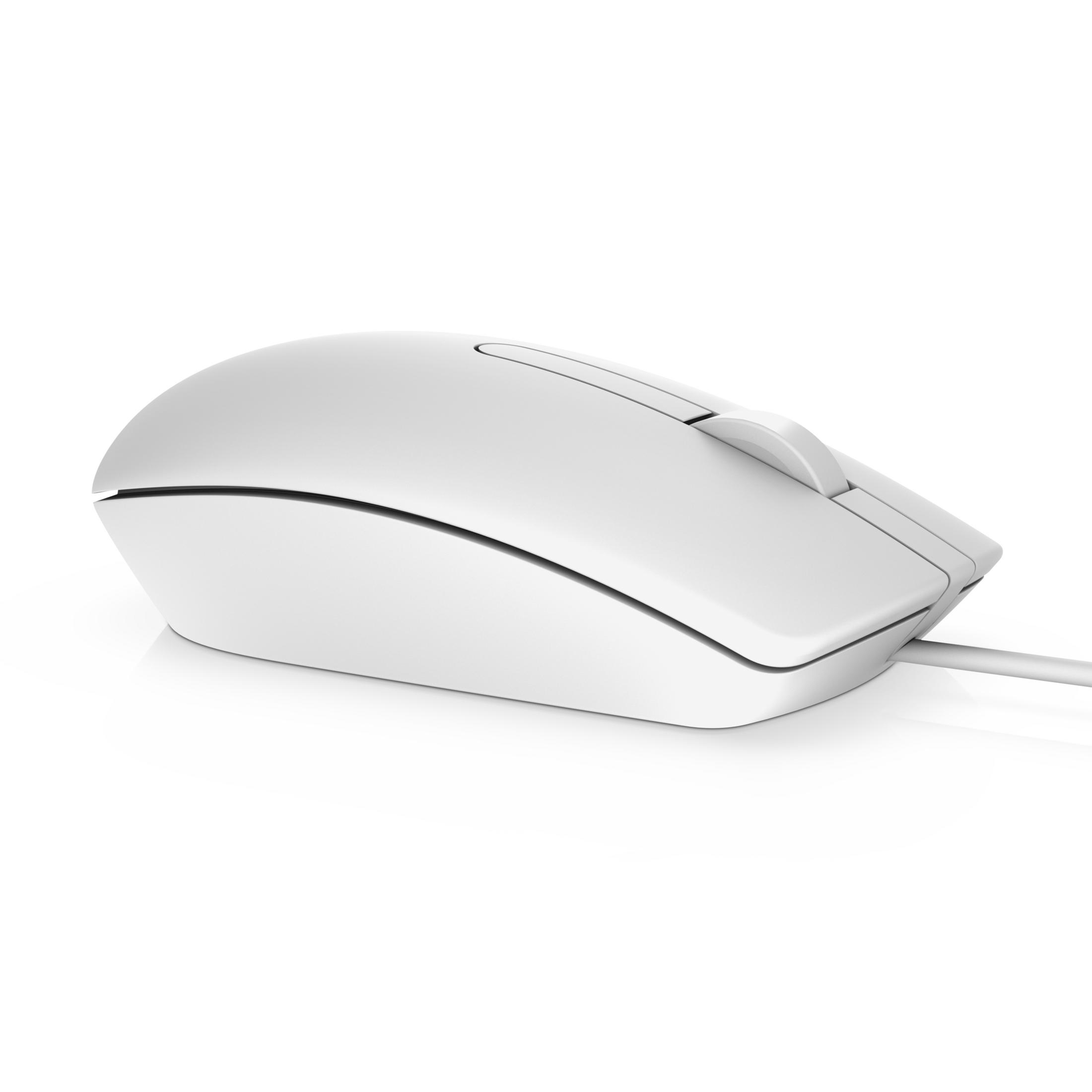 Weiße Computermaus. Sie hat ein Scrollrad und ein Kabel.