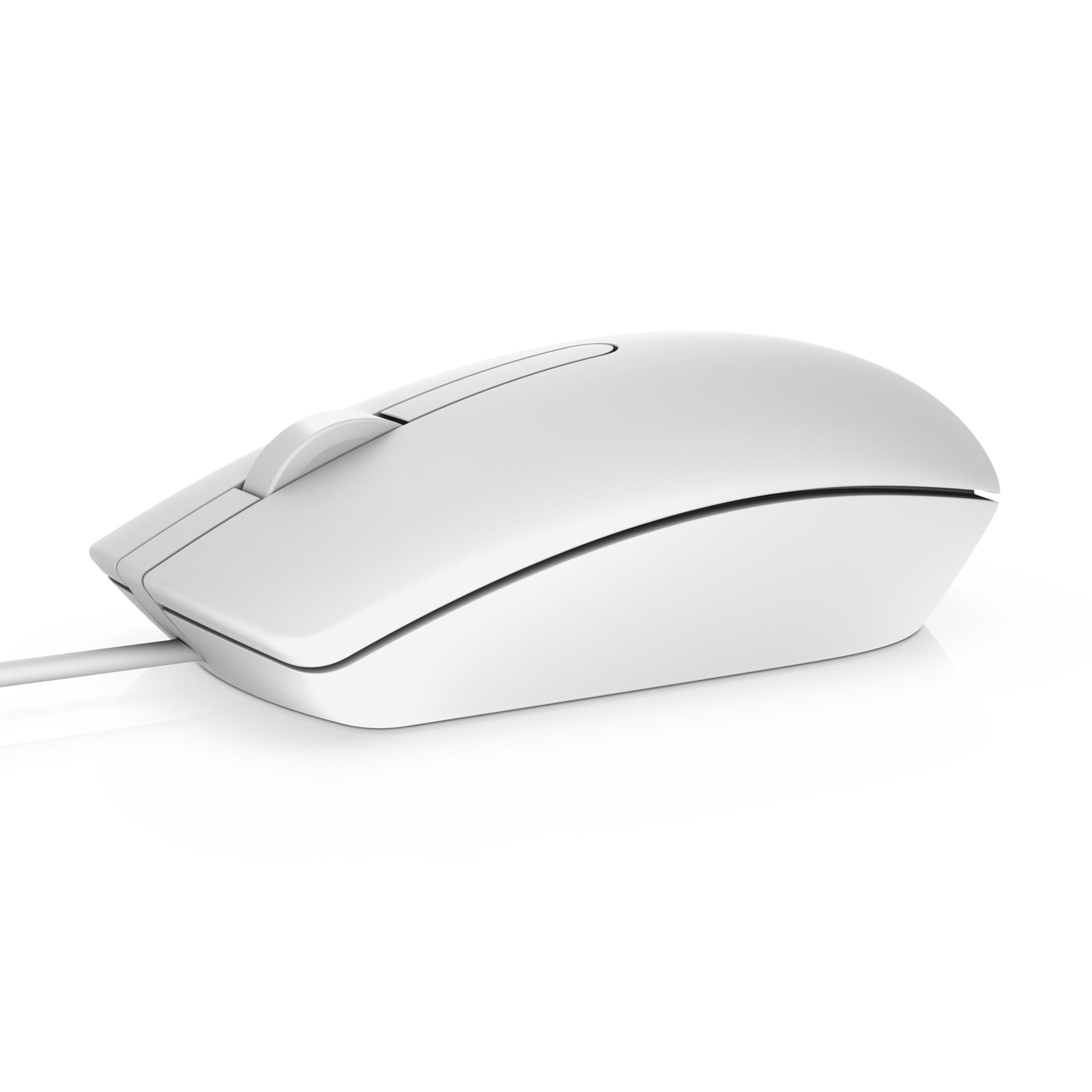 Eine weiße Computermaus mit Kabel auf weißem Hintergrund. Die Maus hat ein Scrollrad.