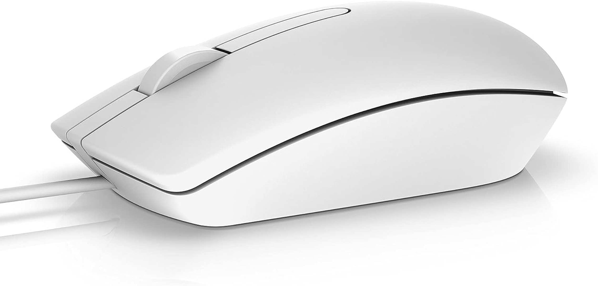 Eine weiße Computermaus mit einem Scrollrad und einem Anschlusskabel.
