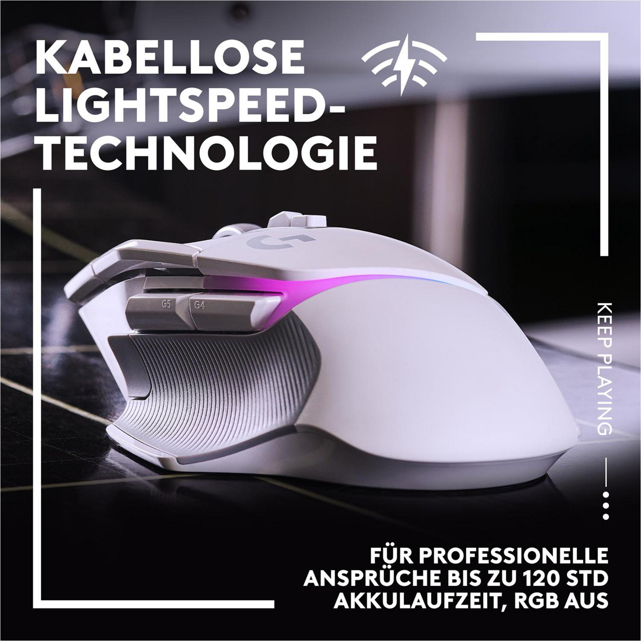 Biało-szara mysz do gier z bocznymi przyciskami i tekstem na czarnej powierzchni.