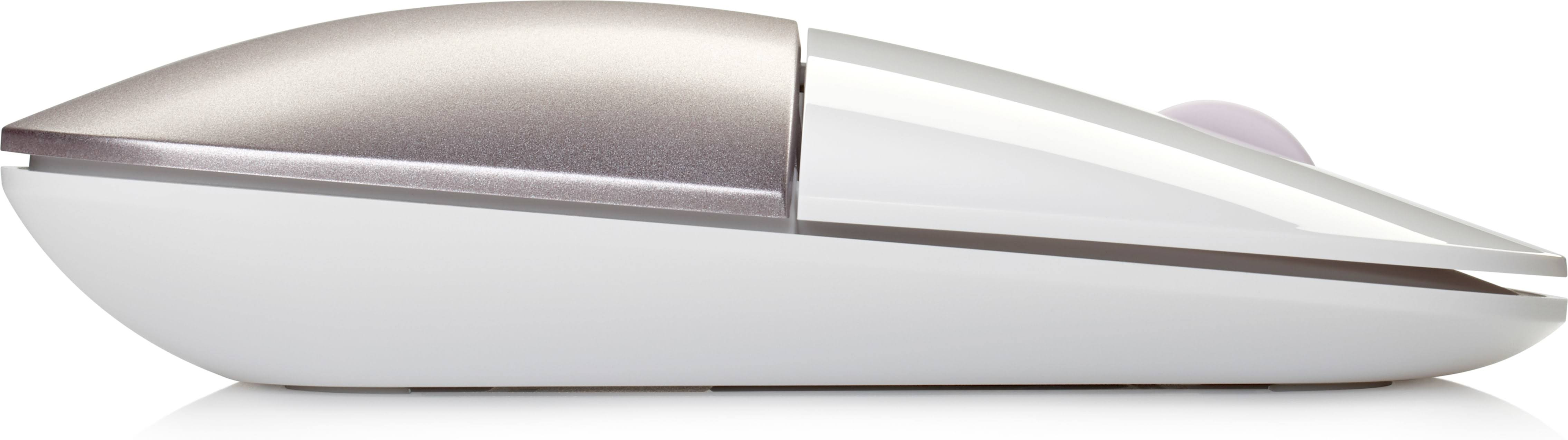 Biała i srebrna mysz komputerowa z kółkiem przewijania i bocznym przyciskiem, widok z boku.