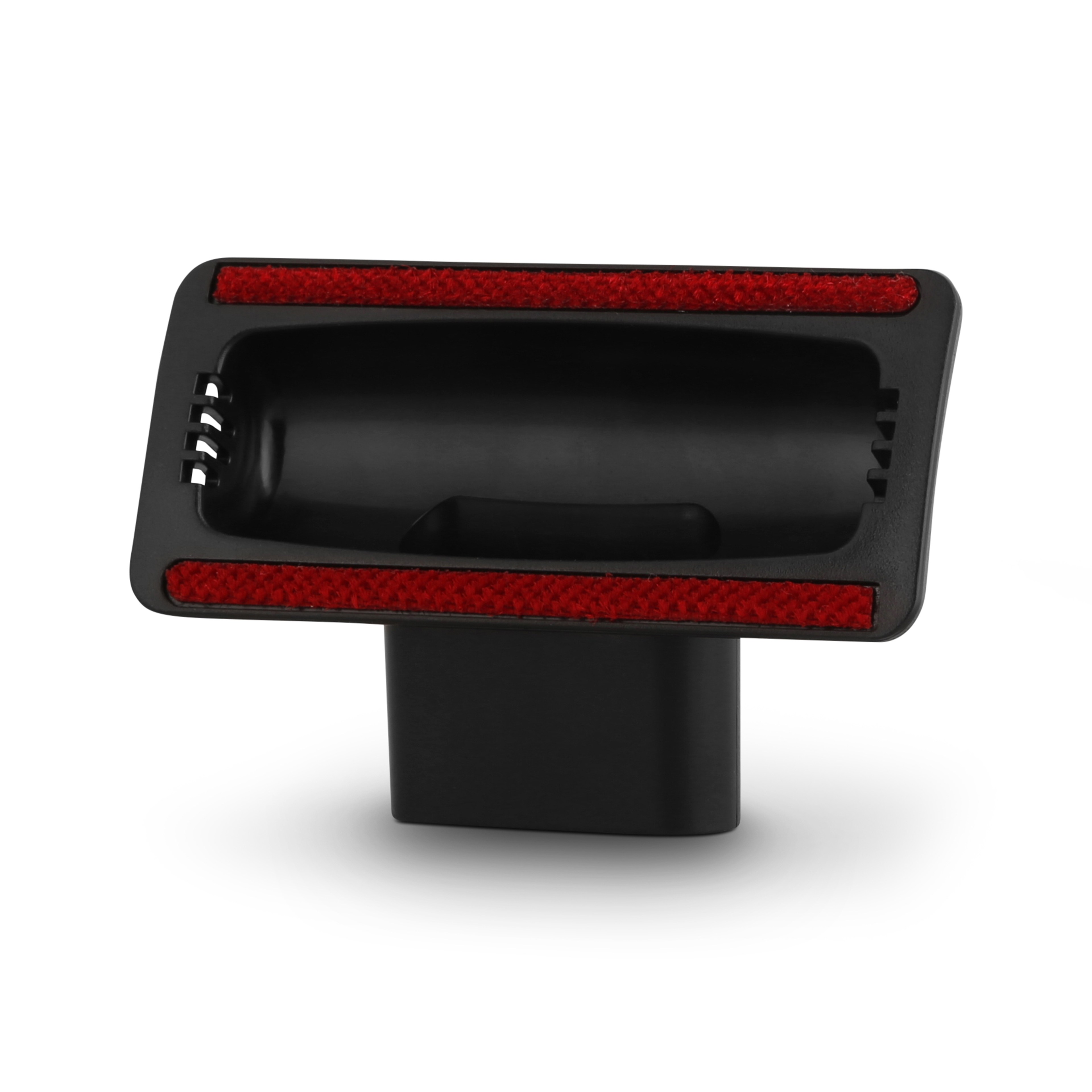 Un accessorio a spazzola nero con setole rosse. È progettato per l'aspirazione, con una forma rettangolare.