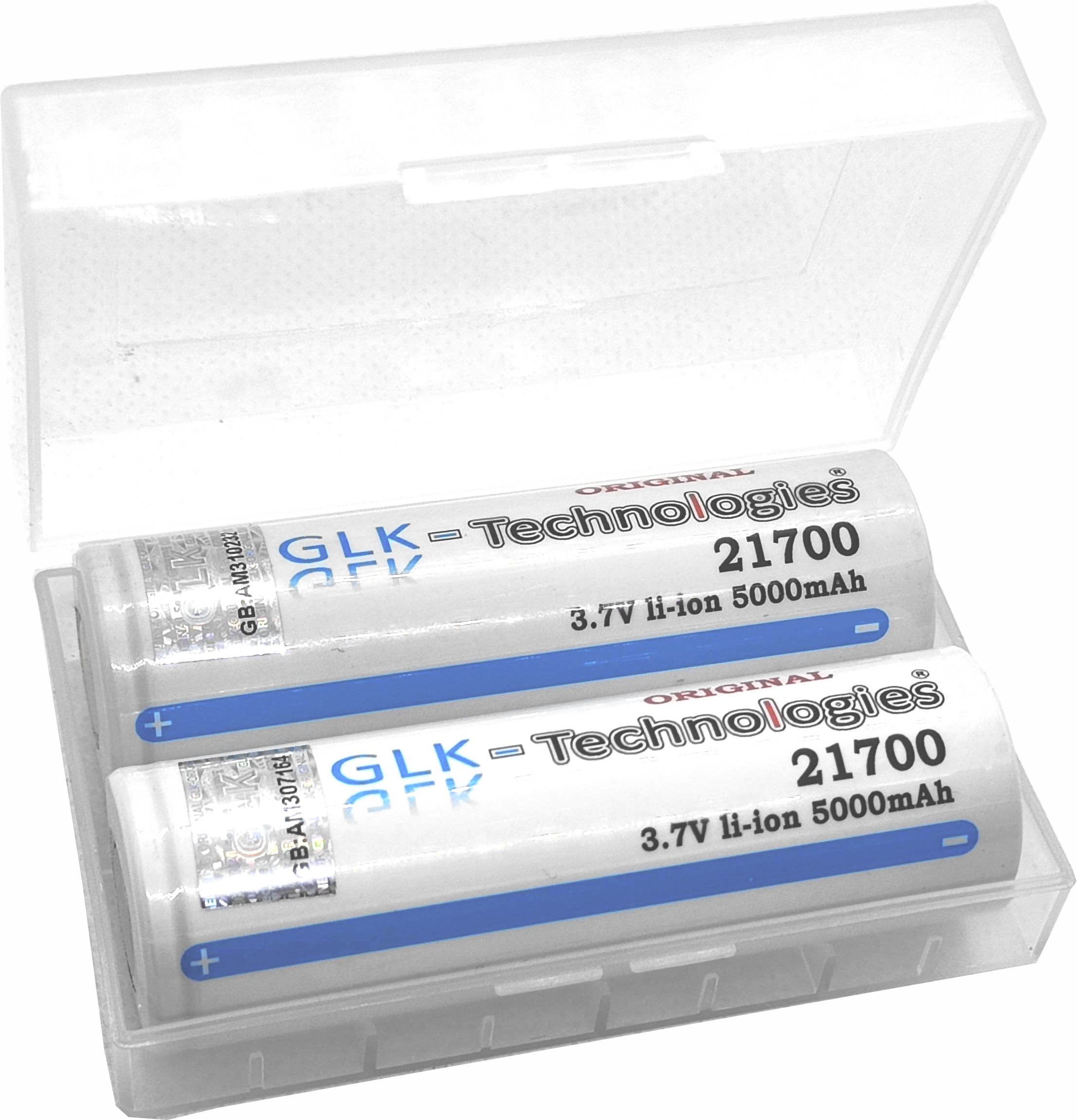 Zwei weiße zylindrische Batterien in einer durchsichtigen Kunststoffbox. Gehäuse ist offen.
