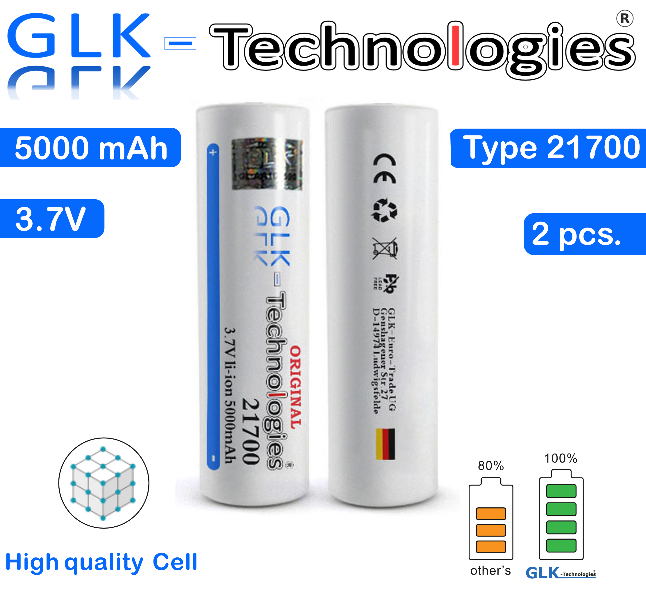 21700 lithium-ionen 2x Akku Akkuzellen GLK-TECHNOLOGIES