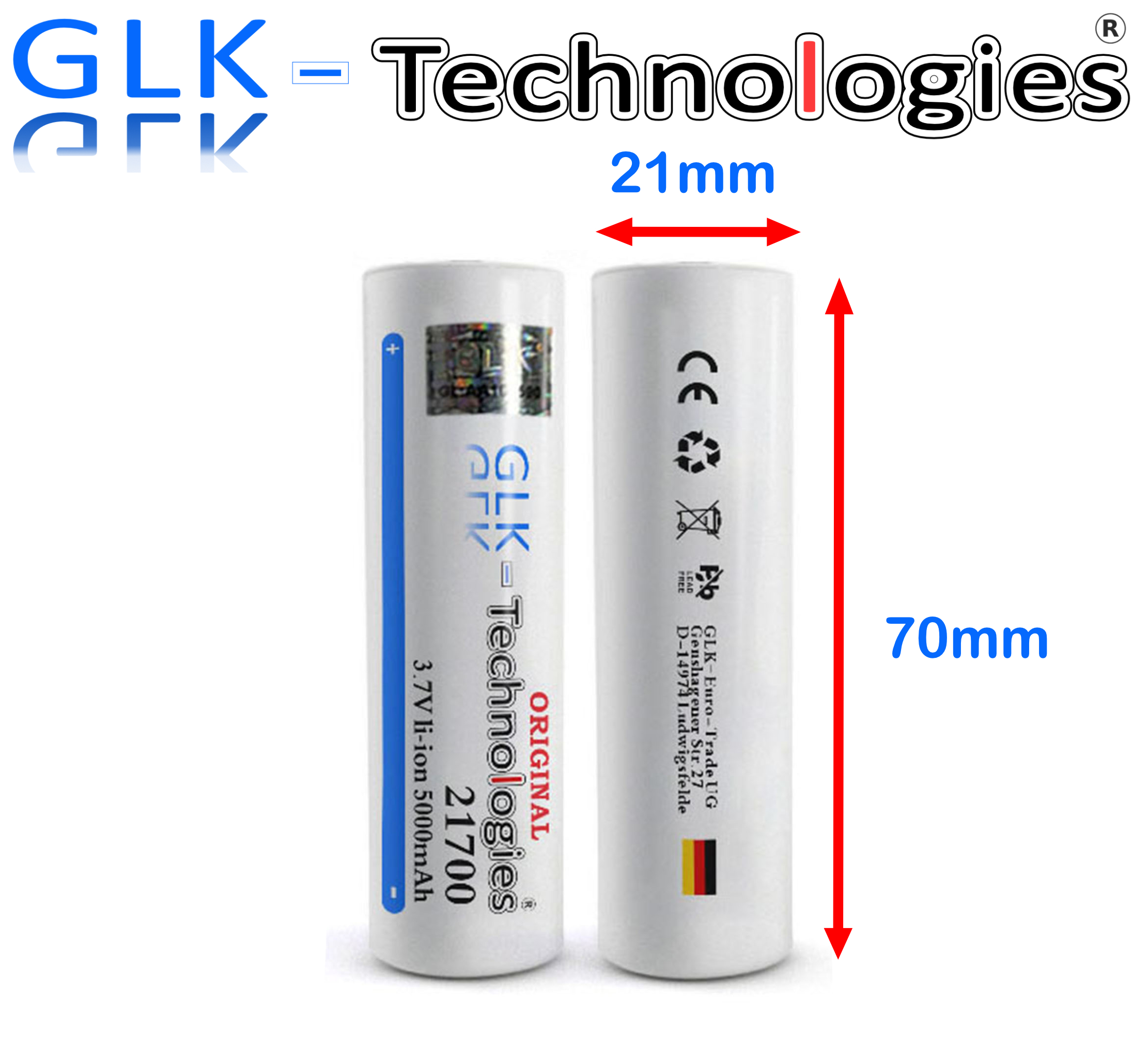 Zwei zylindrische Batterien mit Text und Maßen (21 mm x 70 mm) beschriftet. Die Batterien haben Etiketten.