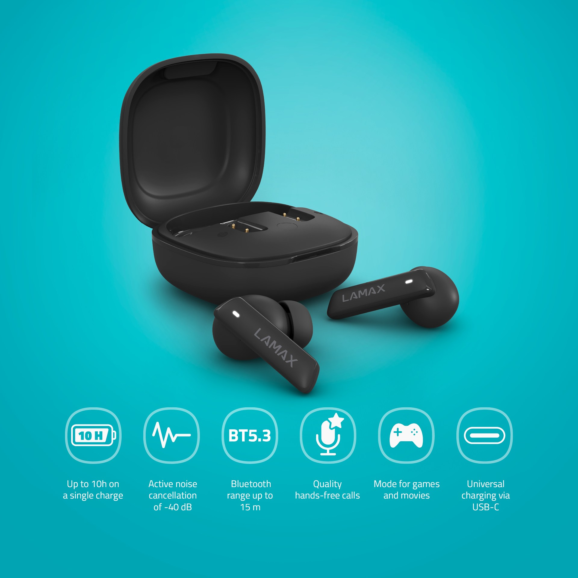 Czarne bezprzewodowe słuchawki douszne. Słuchawki w etui i pojedyncze słuchawki. Funkcje i ikony.