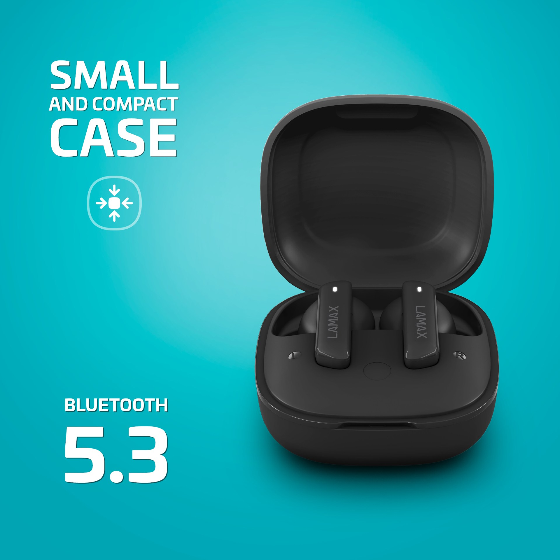 Czarne słuchawki douszne w czarnym etui. Tekst: Małe i kompaktowe. Bluetooth 5.3. Turkusowe tło.