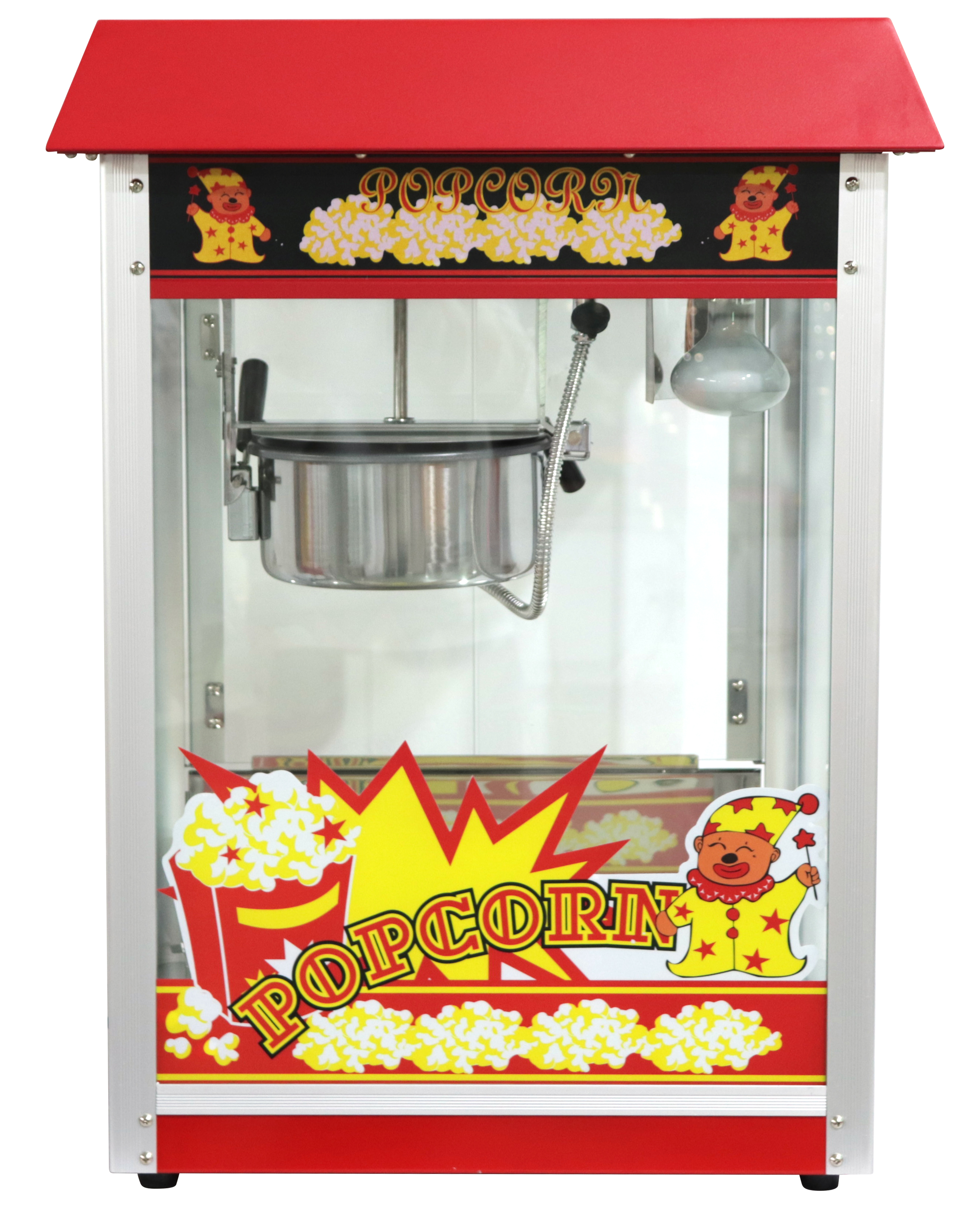 Una macchina per popcorn rossa e argentata. Ha un tetto rosso, lati in vetro e grafica popcorn.