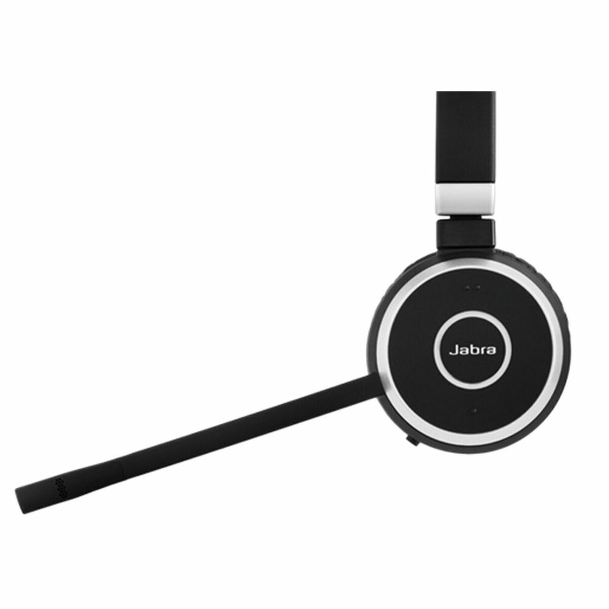 Czarny zestaw słuchawkowy Jabra. Posiada mikrofon i okrągły design wokół słuchawki.