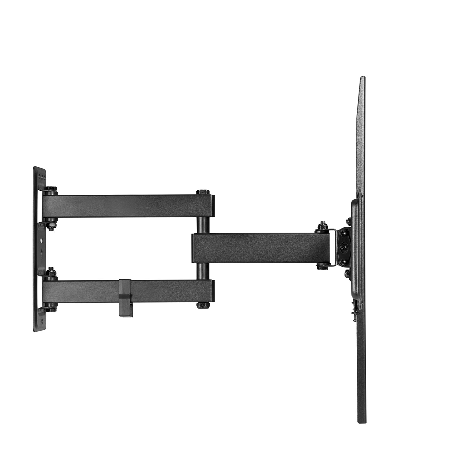 Soporte de pared de TV negro, ajustable, aislado sobre fondo blanco.