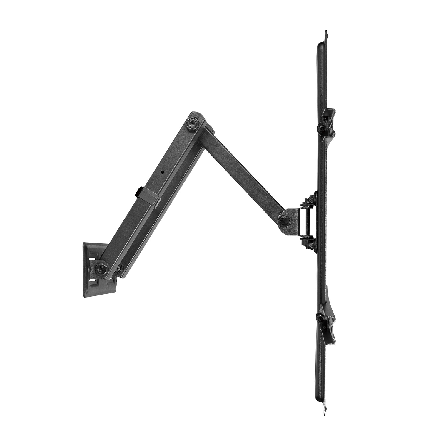 Un soporte de pared para TV negro con un brazo articulado, montado sobre un fondo blanco.
