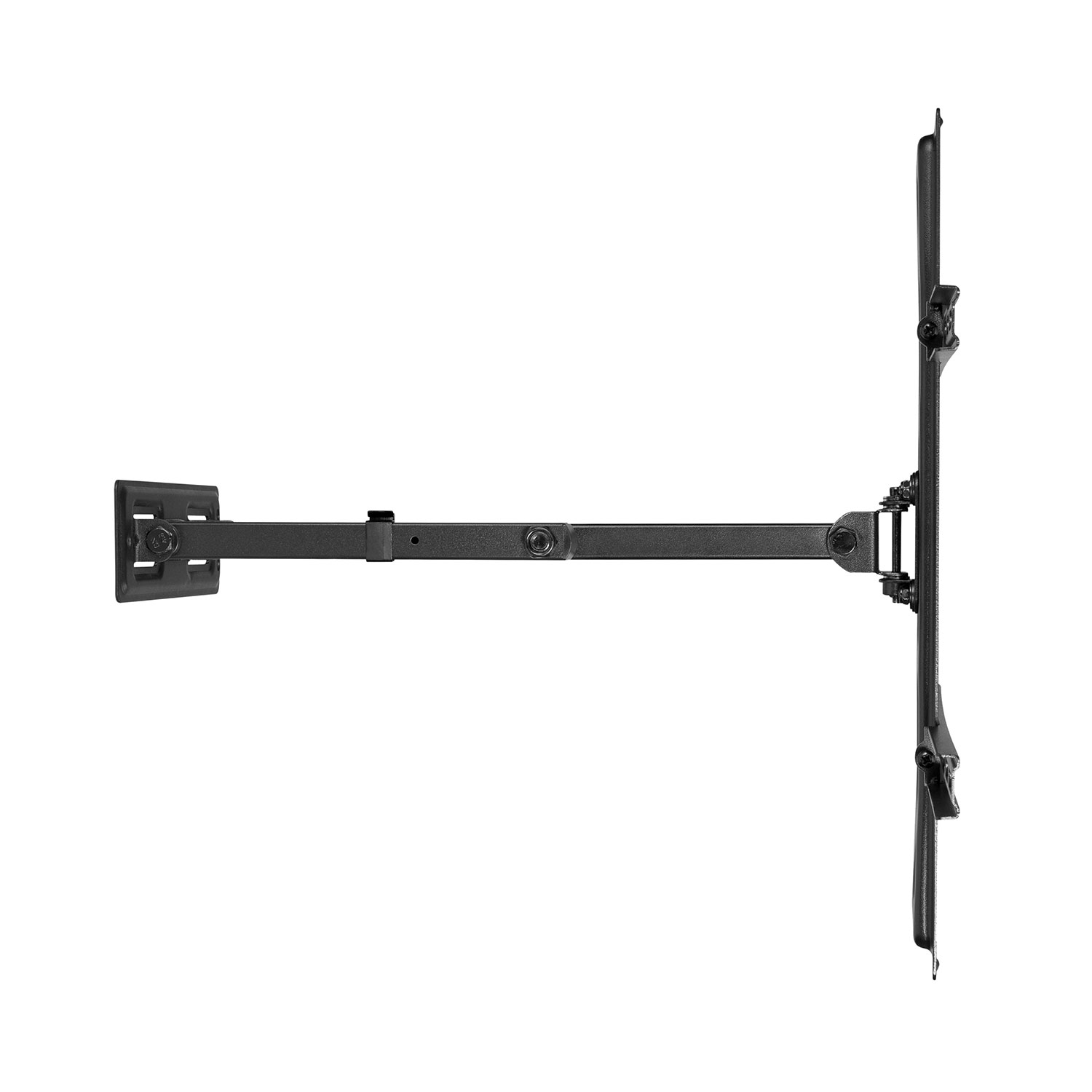 Un soporte de pared para TV negro, vista superior, con brazos articulados.