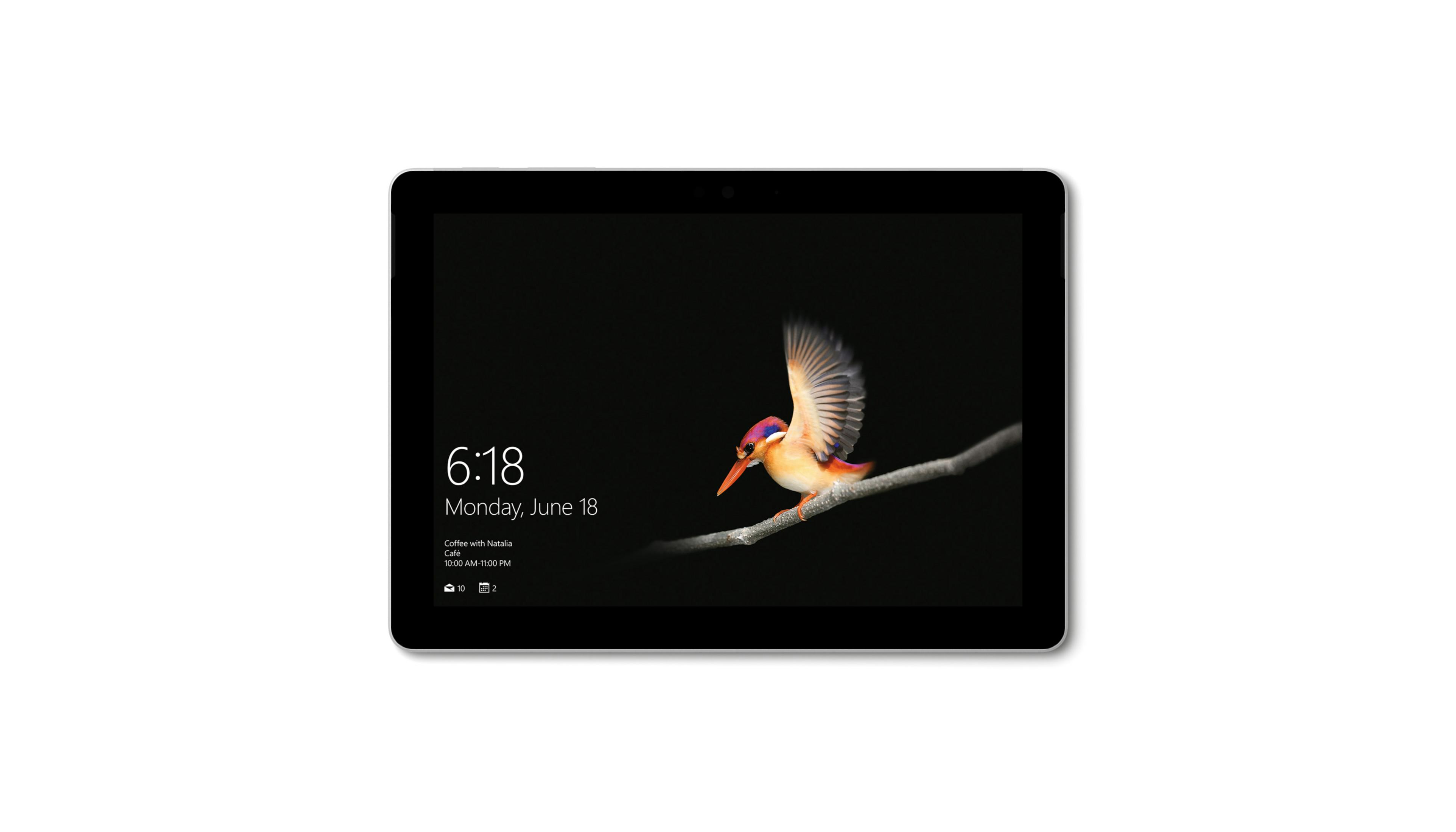 Ein Tablet, das einen Sperrbildschirm mit einem Vogel auf einem Ast anzeigt. Der Hintergrund ist weiß.
